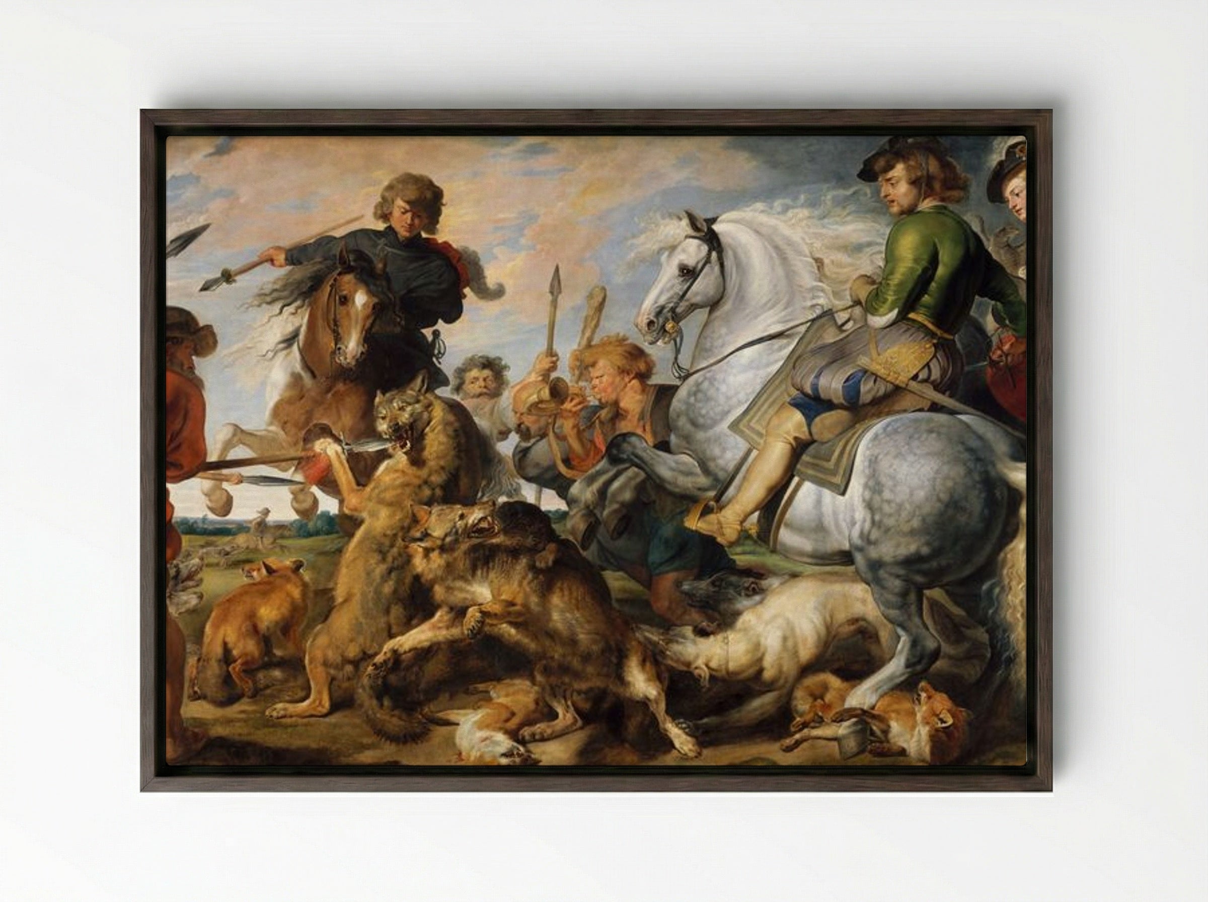 Wolf and Fox Hunt - Peter Paul Rubens - Framed Canvas Dark Wood