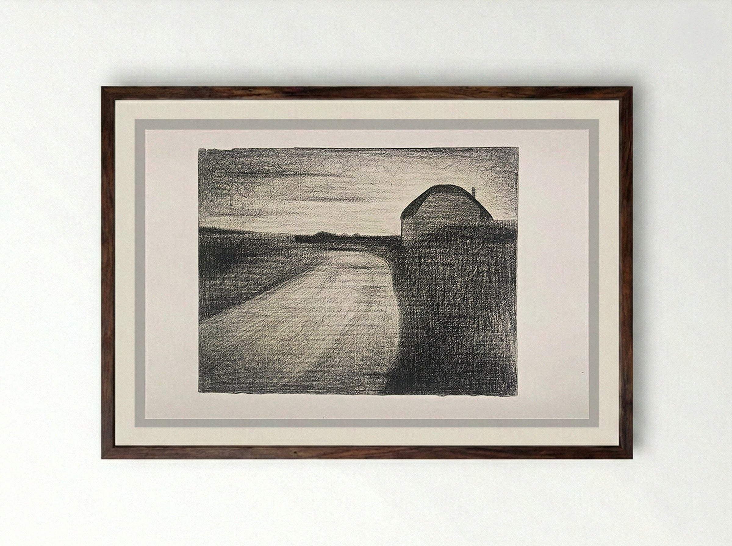 Untitled (Road and Farmhouse, Graphite on Paper) - Fine Art Print - Framed Print Dark Wood