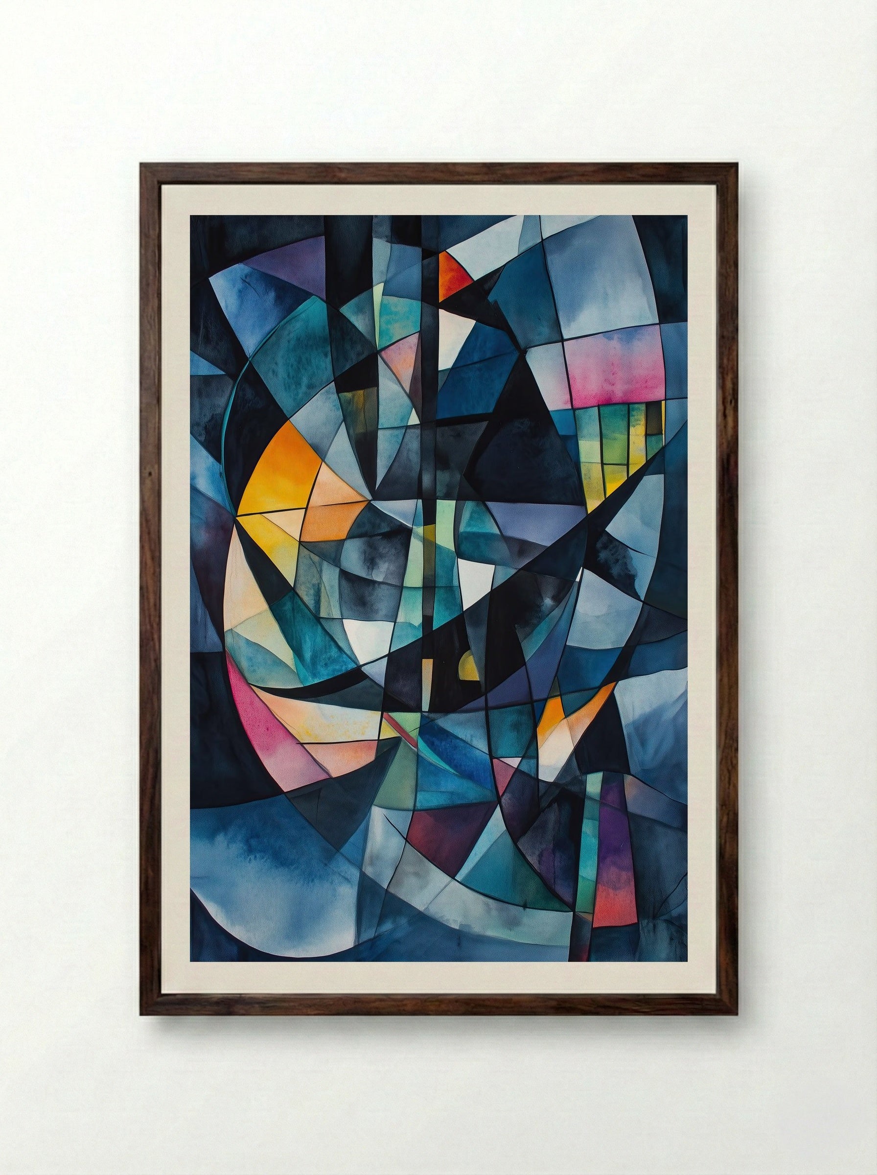 Cathedral Light – Abstract Geometric Stained Glass Composition - Framed Print Dark Wood