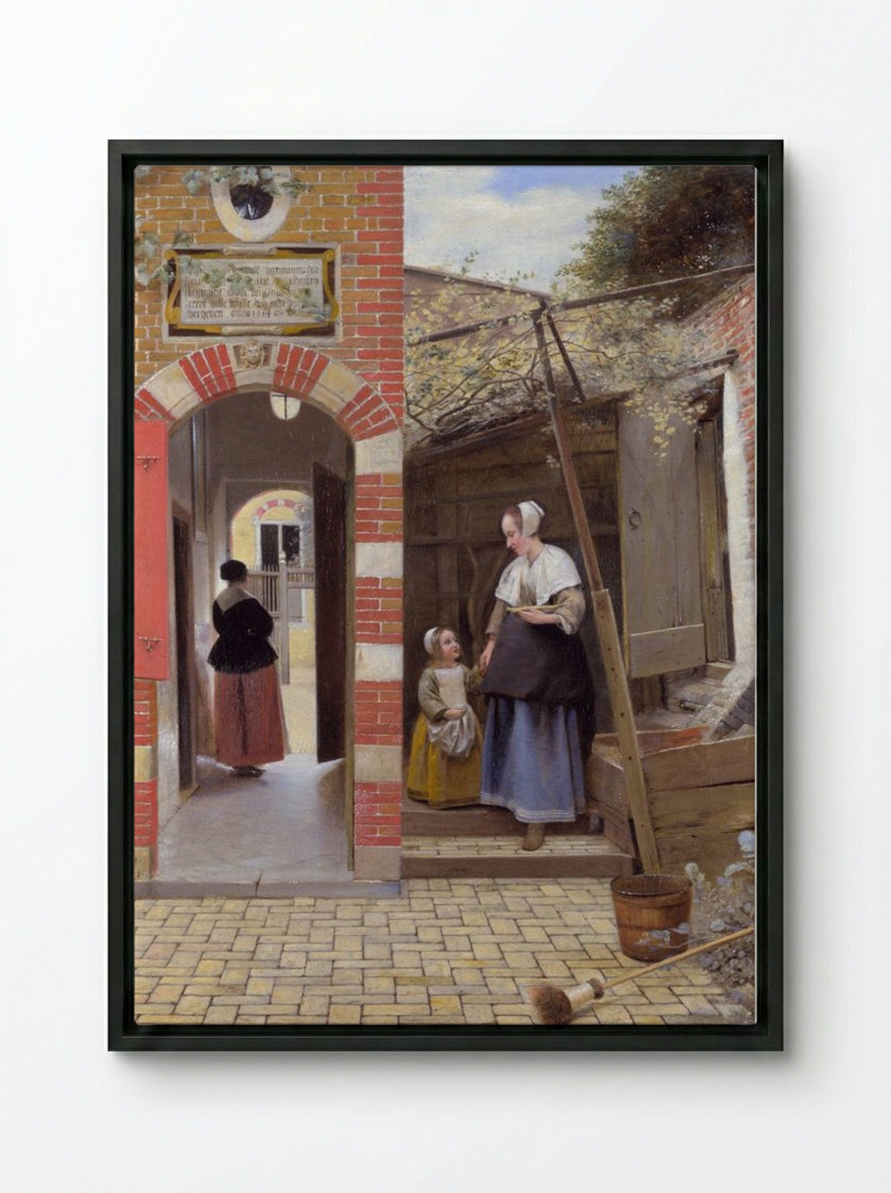 The Courtyard of a House in Delft - Pieter de Hooch - Framed Canvas Black
