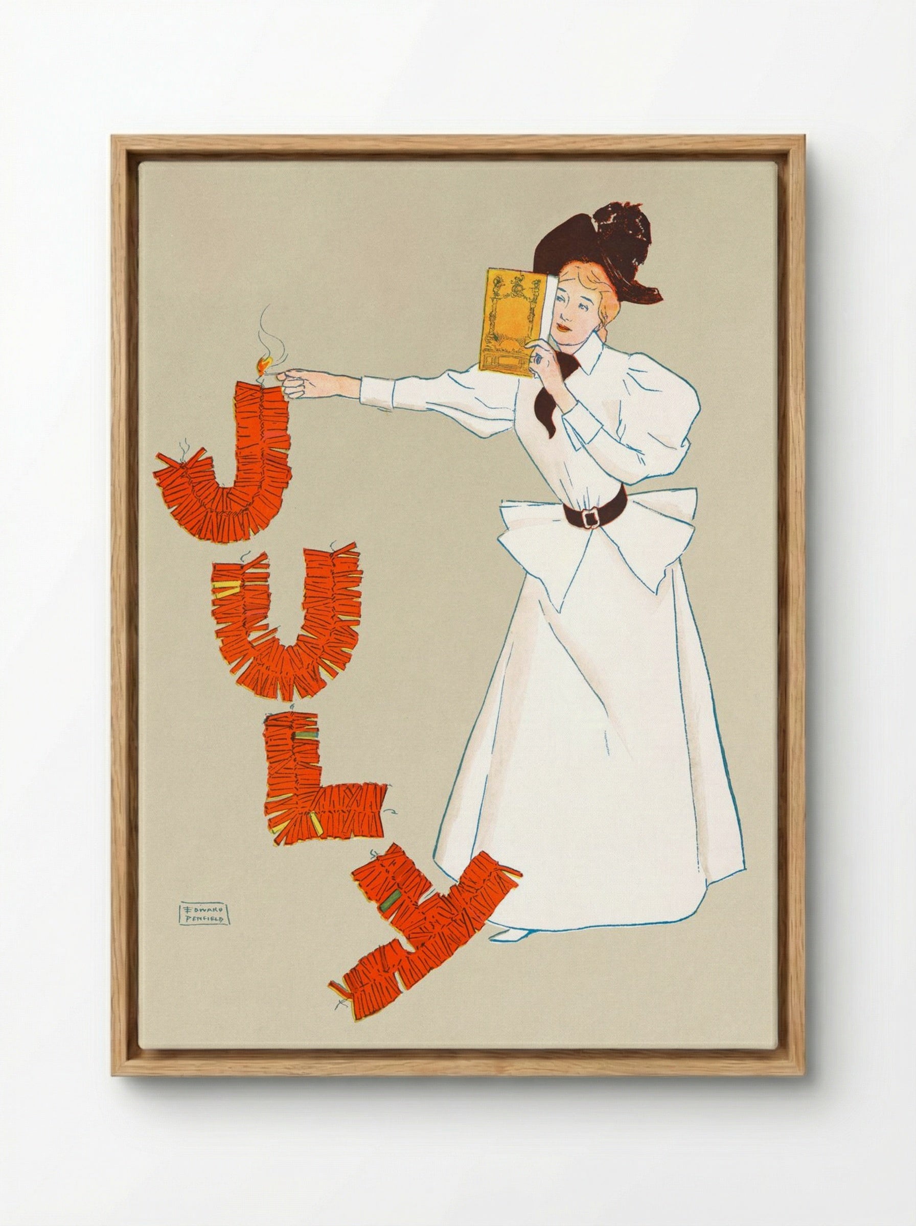 Woman Lighting Up Firecrackers - Edward Penfield - Framed Canvas Wood