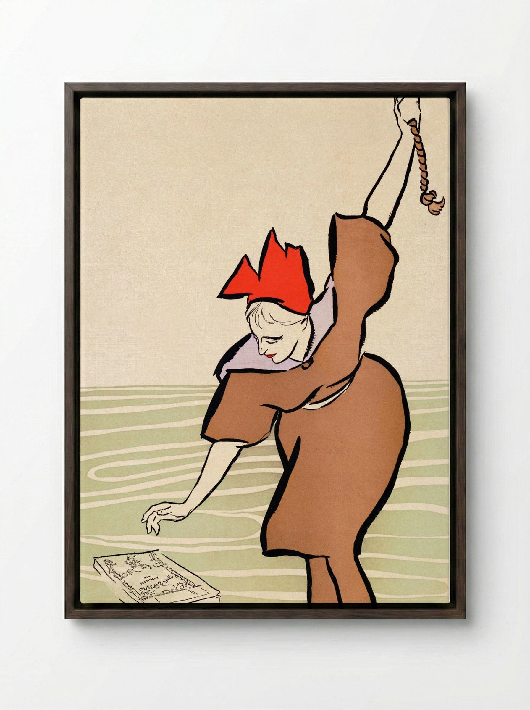 Woman Picking Up Book - Edward Penfield - Framed Canvas Dark Wood