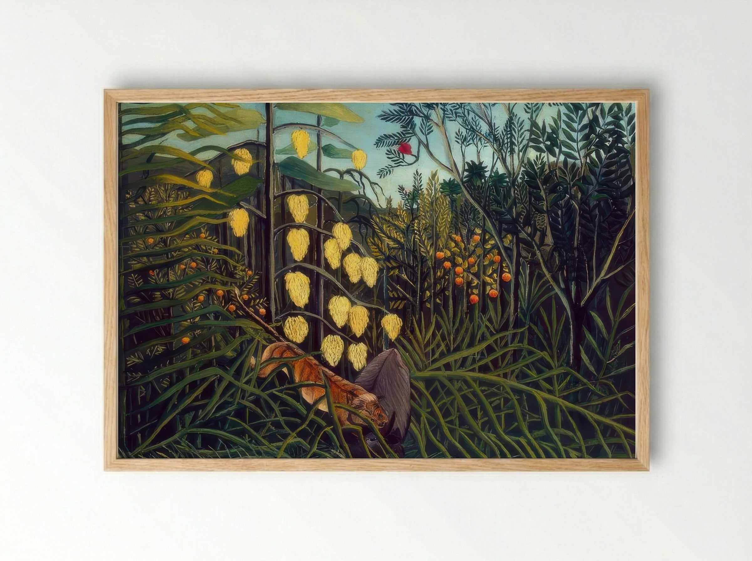 Tropical Forest with Battling Tiger and Buffalo by Henri Rousseau – Naïve Art Jungle Wildlife Print - Framed Print Wood