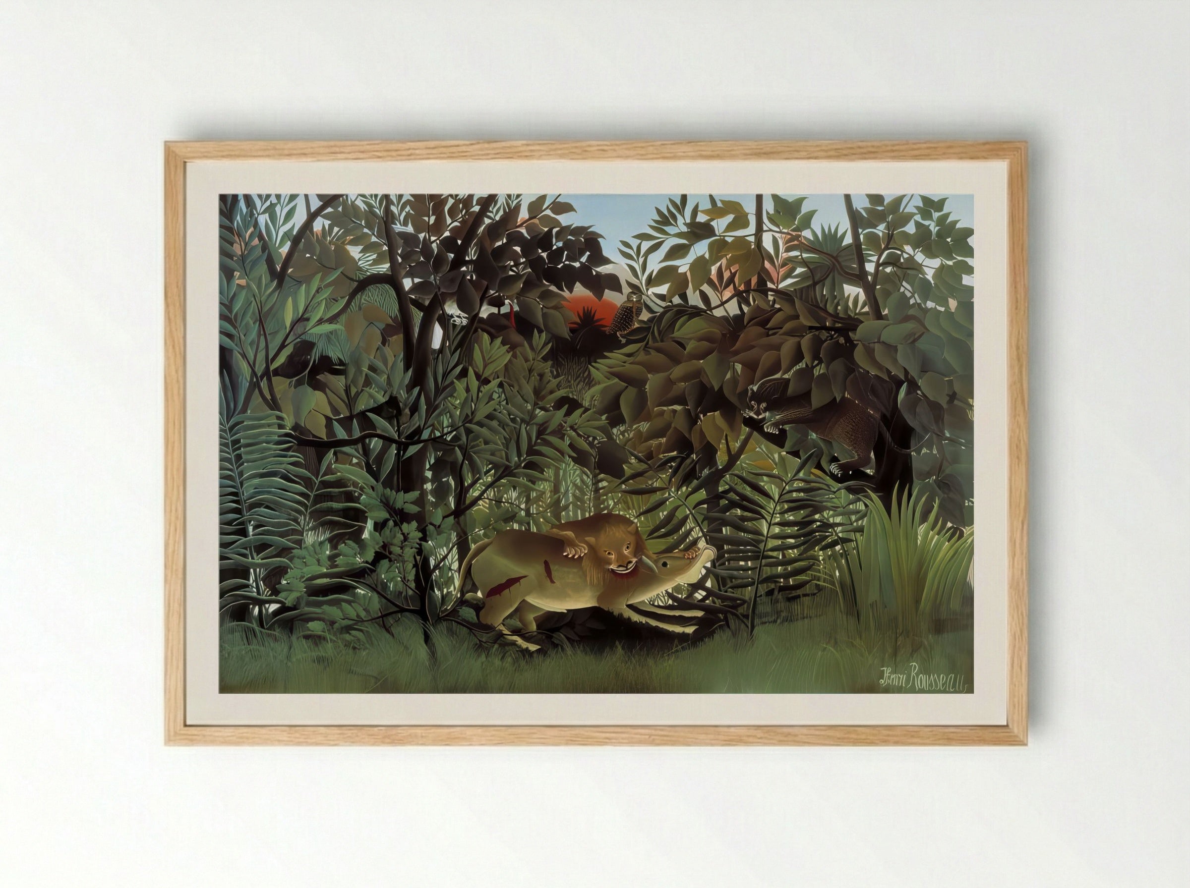 The Hungry Lion Throws Itself on the Antelope by Henri Rousseau – Naïve Art Jungle - Framed Print Wood