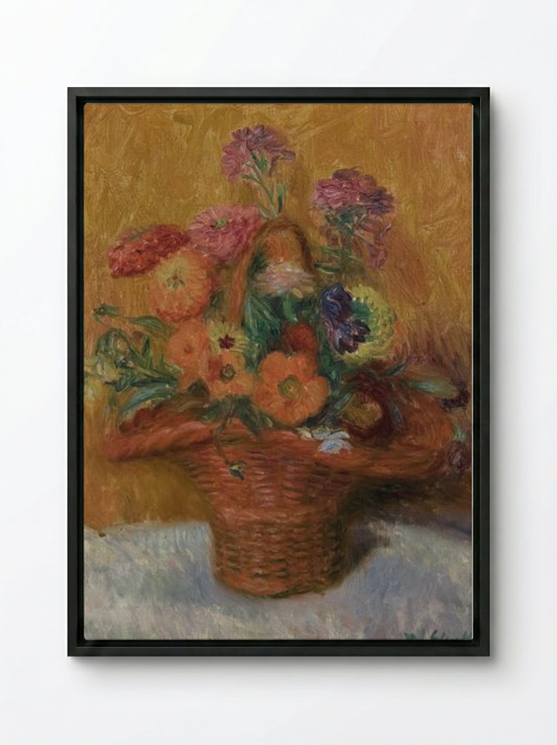 Red Basket of Zinnias - William James Glackens - Framed Canvas Black