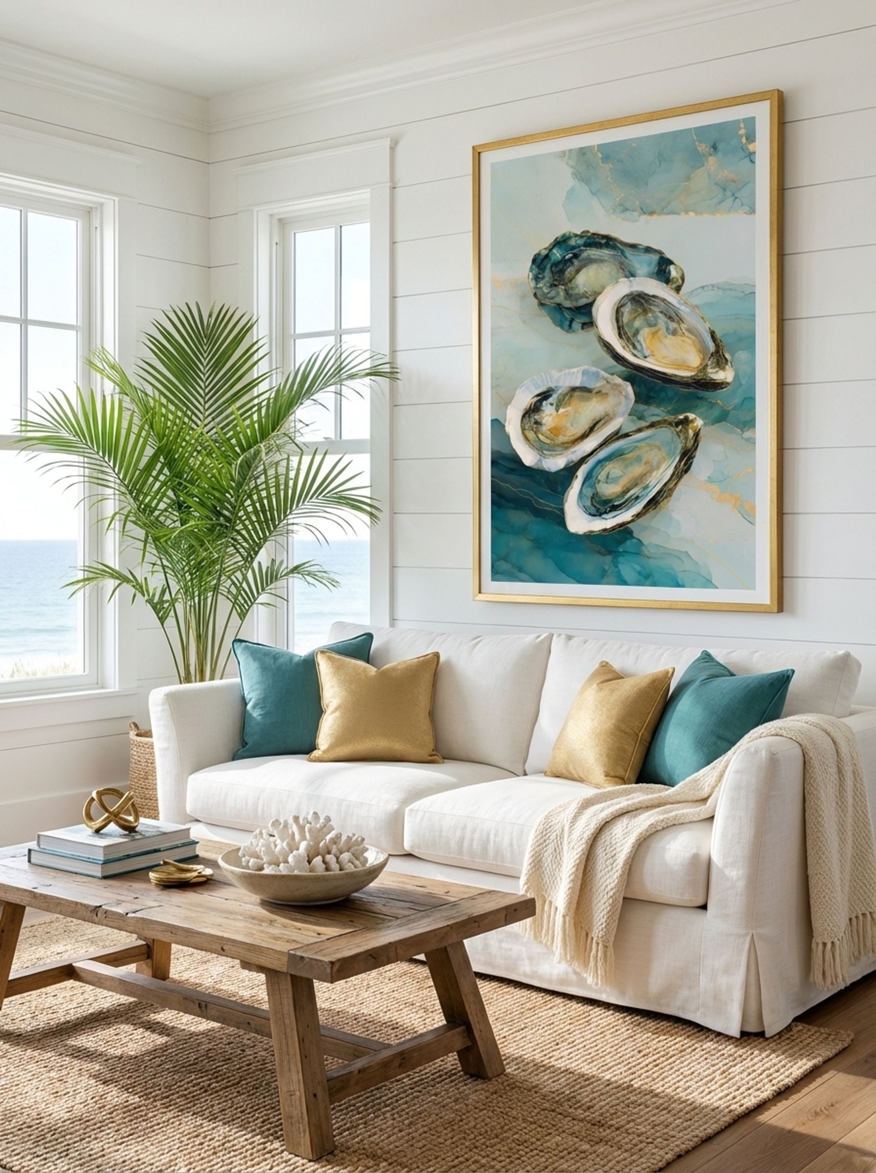 Coastal Oysters – Abstract Ocean Art Print in Teal and Gold - Lifestyle