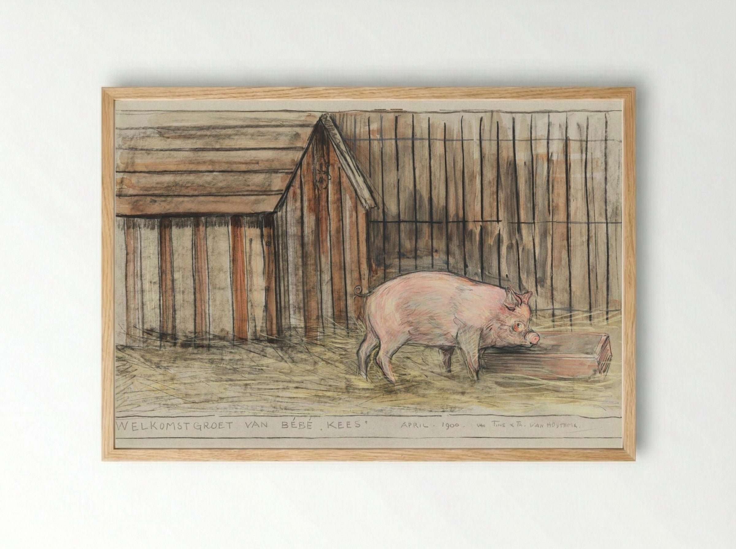 Varken Voor zijn kot bij een trog (Pig Before its Pen by a Trough) - Theo van Hoytema - Framed Print Wood