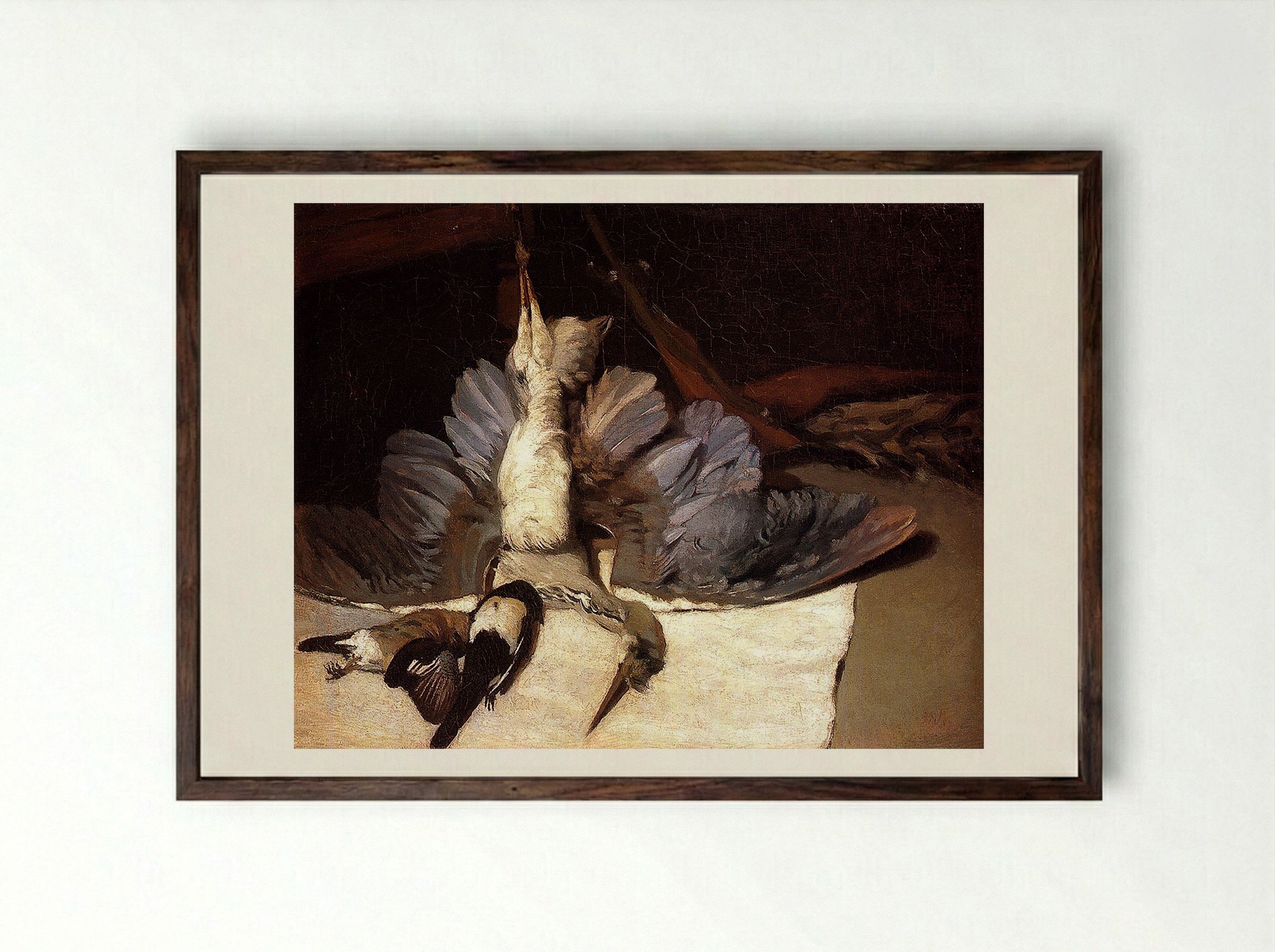 Still Life with Heron and Other Birds - Jean-Baptiste Oudry - Framed Print Dark Wood