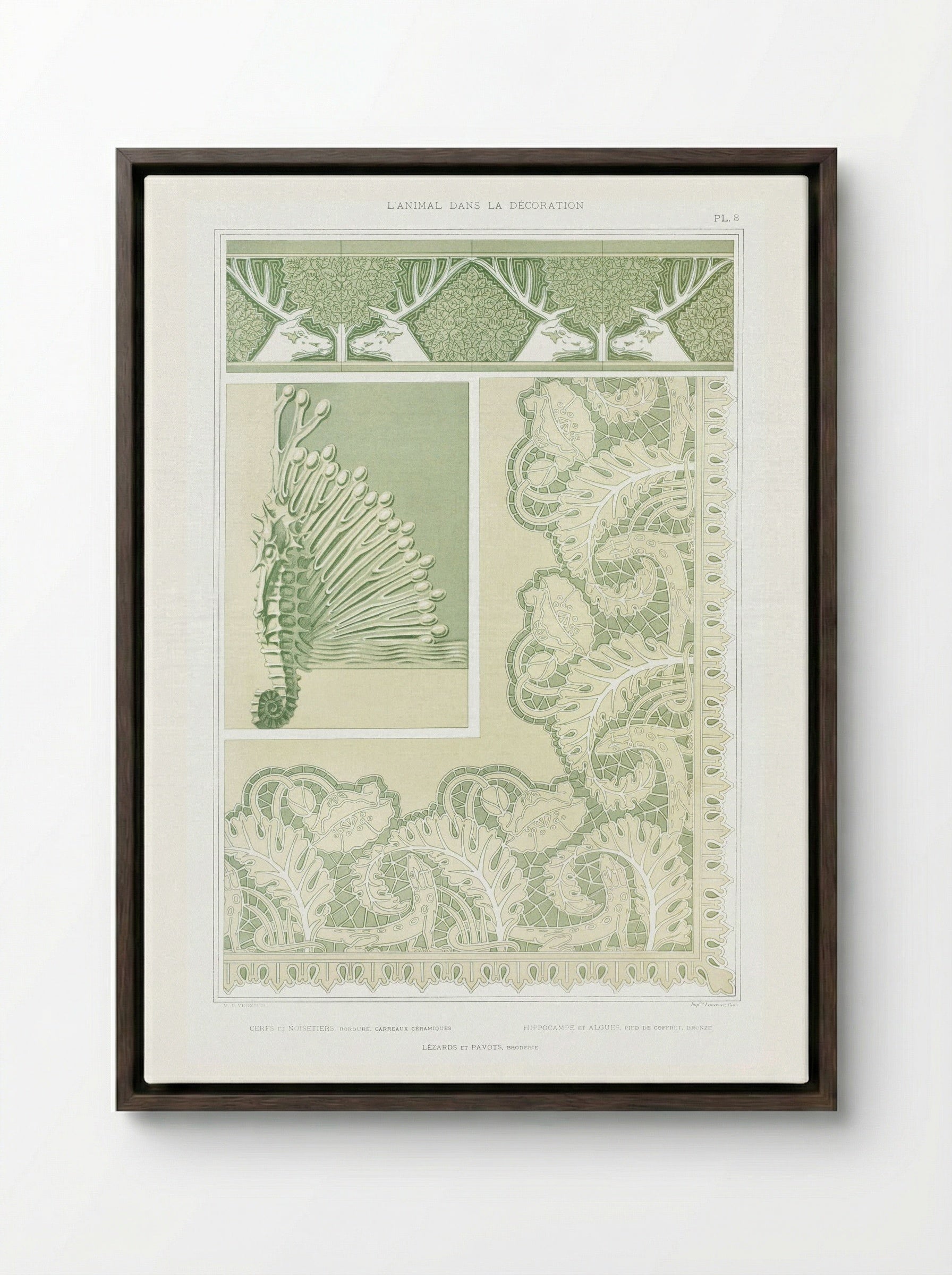 L'Animal dans la Décoration, Plate 8 (Deer, Seahorse, Lizards) - Maurice Pillard Verneuil - Framed Canvas Dark Wood