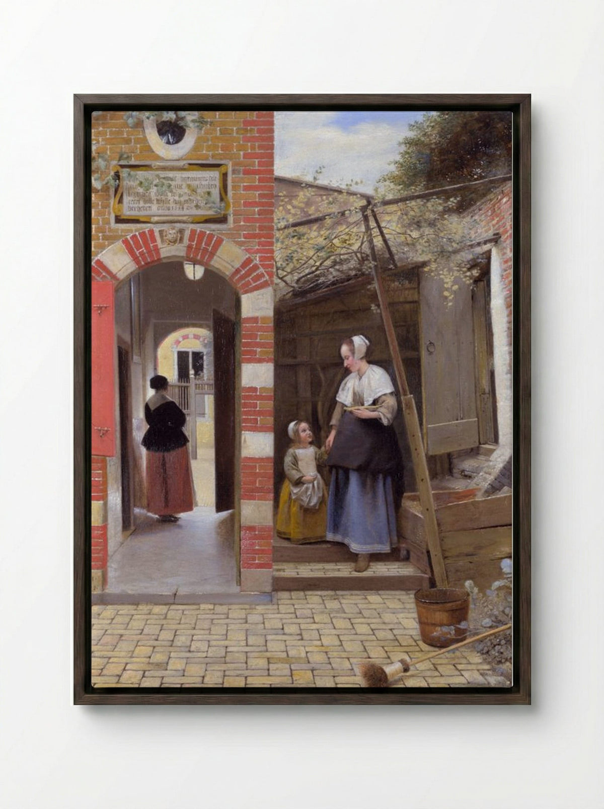 The Courtyard of a House in Delft - Pieter de Hooch - Framed Canvas Dark Wood