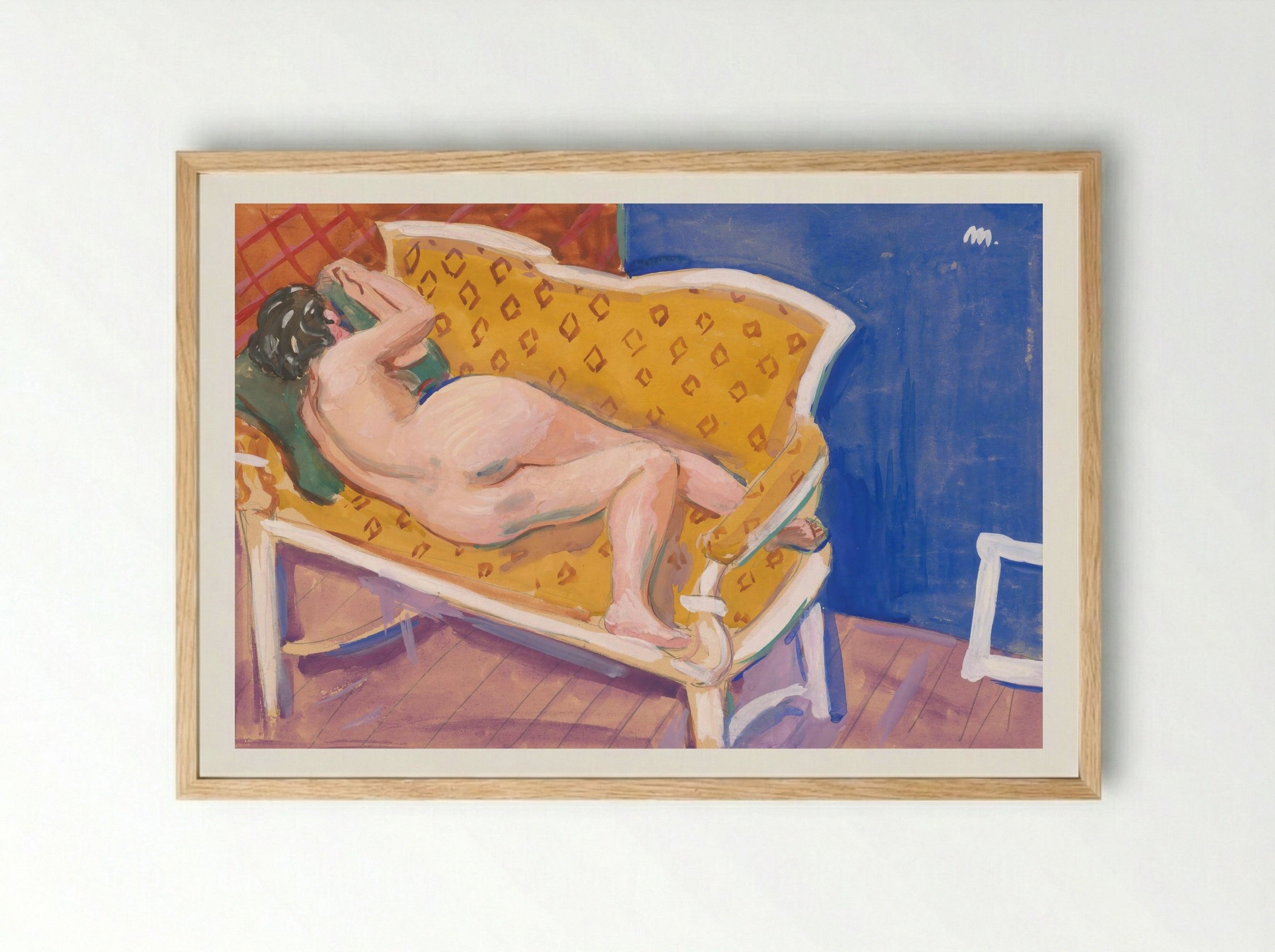 Reclining Nude on Yellow Sofa - Cyprián Majerník - Framed Print Wood