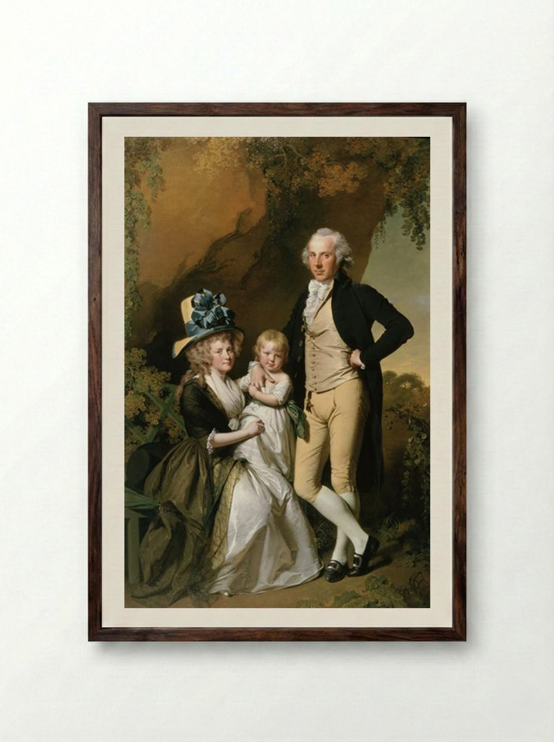 Portrait of Richard Arkwright Junior with his Wife Mary and Daughter Anne - Joseph Wright - Framed Print Dark Wood