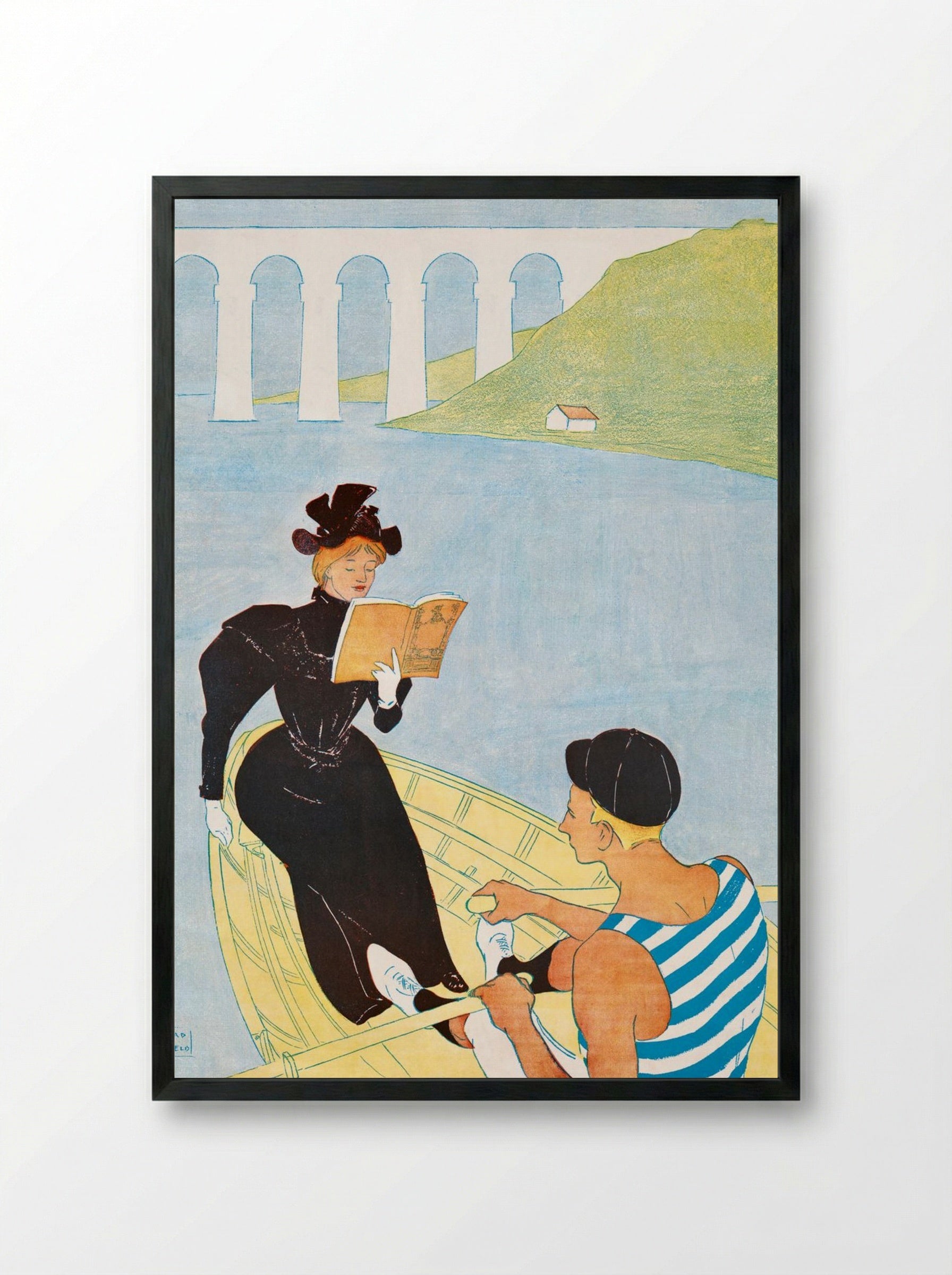 Woman Reading in a Row Boat - Edward Penfield - Framed Print Black