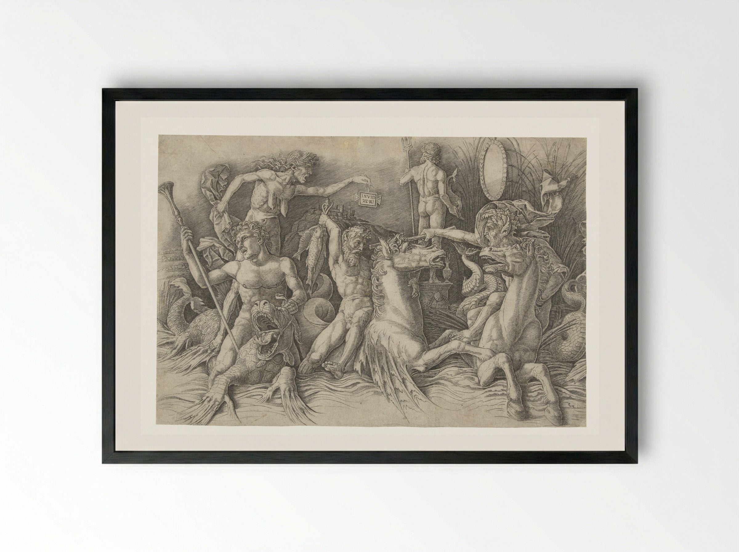 Battle of the Sea Gods, with Envy (Invidia) on the Left - Andrea Mantegna - Framed Print Black