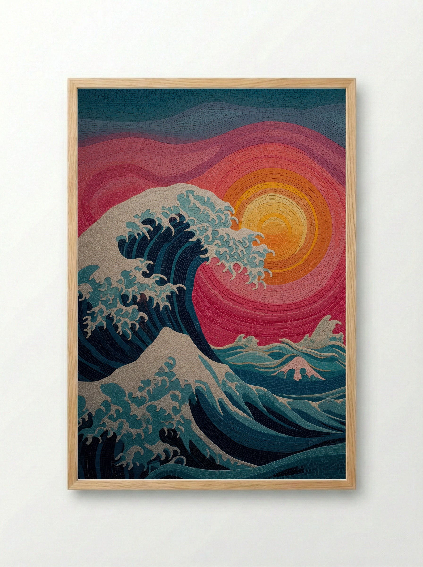 The Great Mosaic Wave – Japanese Mosaic Sunset Print Inspired by Hokusai - Framed Print Wood
