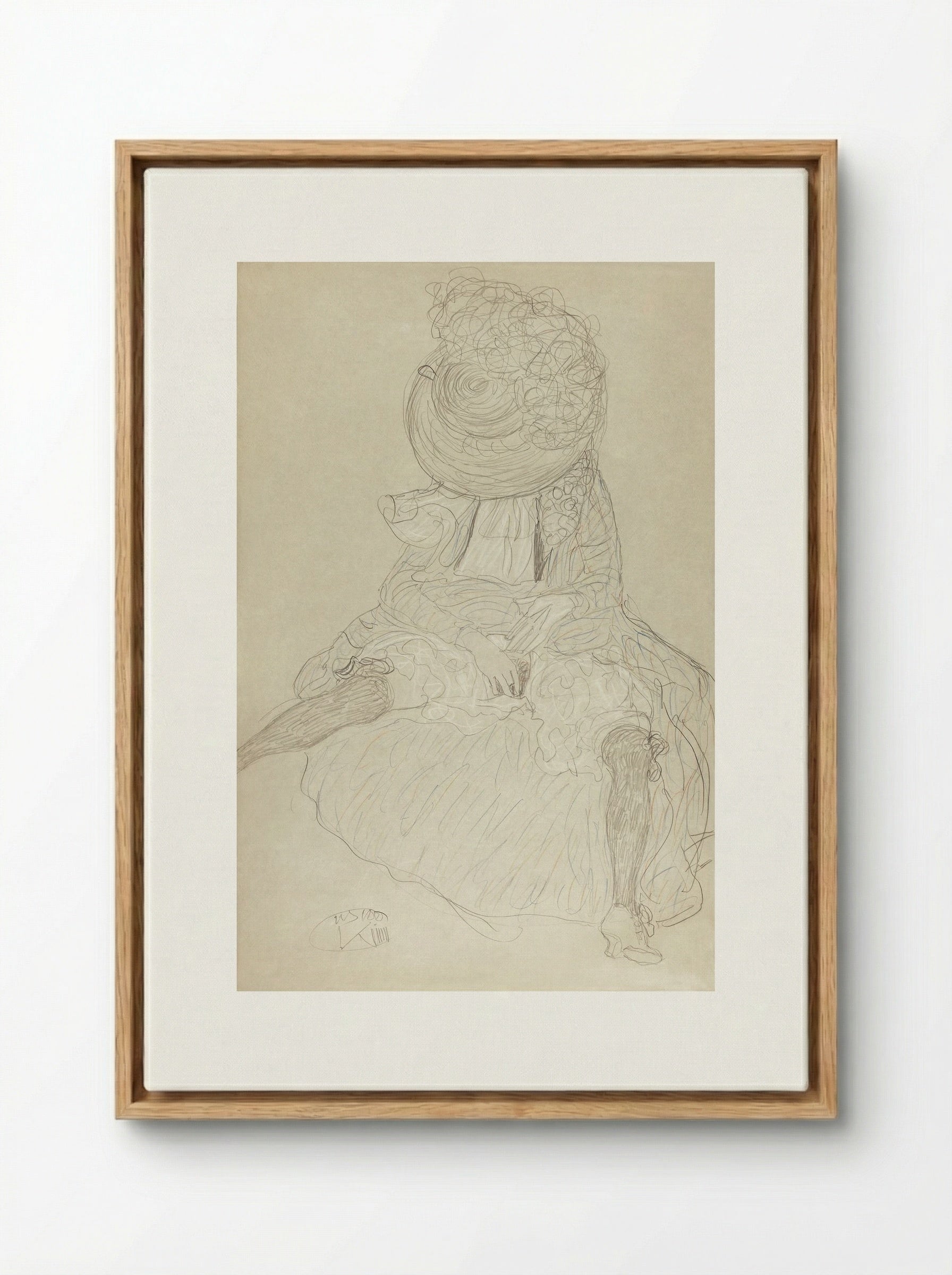 Seated Woman from the Front with Hat, Face Hooded - Gustav Klimt - Framed Canvas Wood