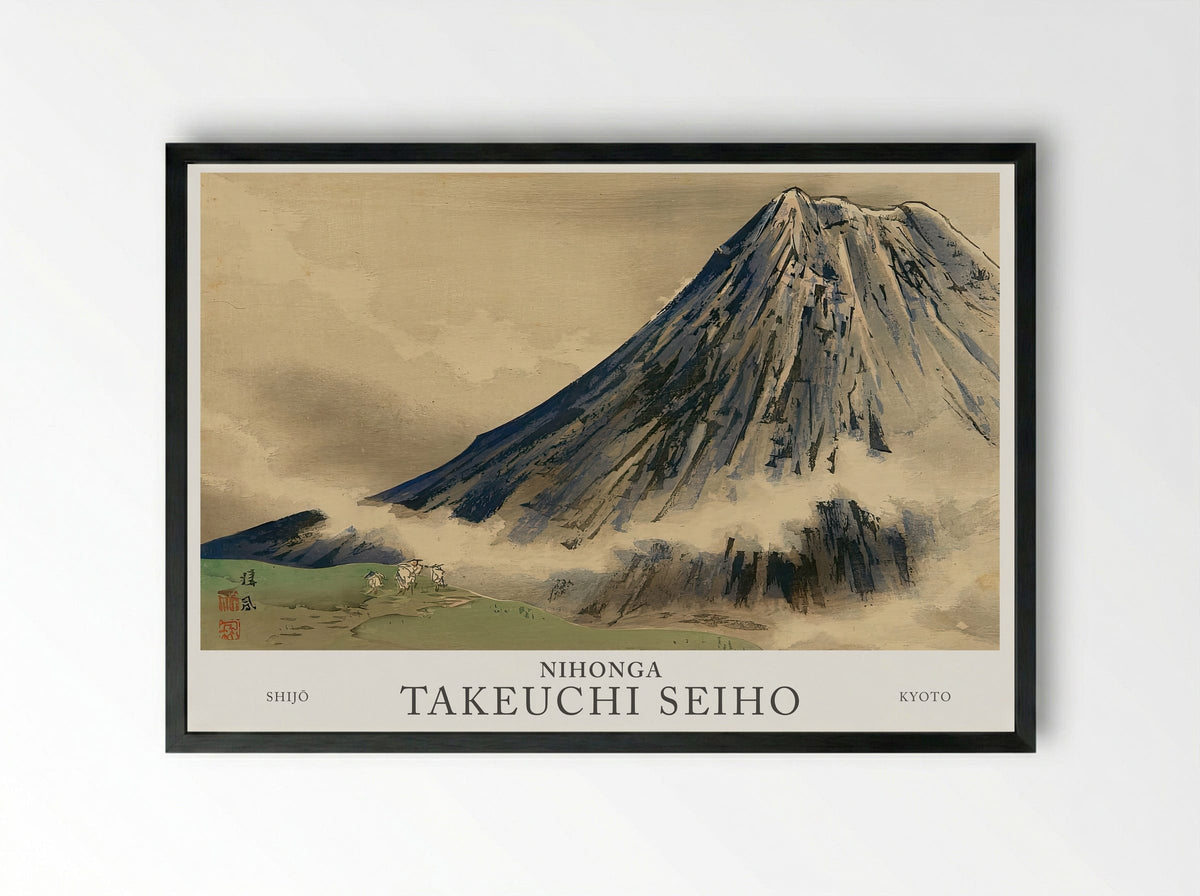 Seiho Twelve Fuji – The White Robes Climbing Mt. Fuji (Meiji Era Woodblock Print) - Framed Print Black