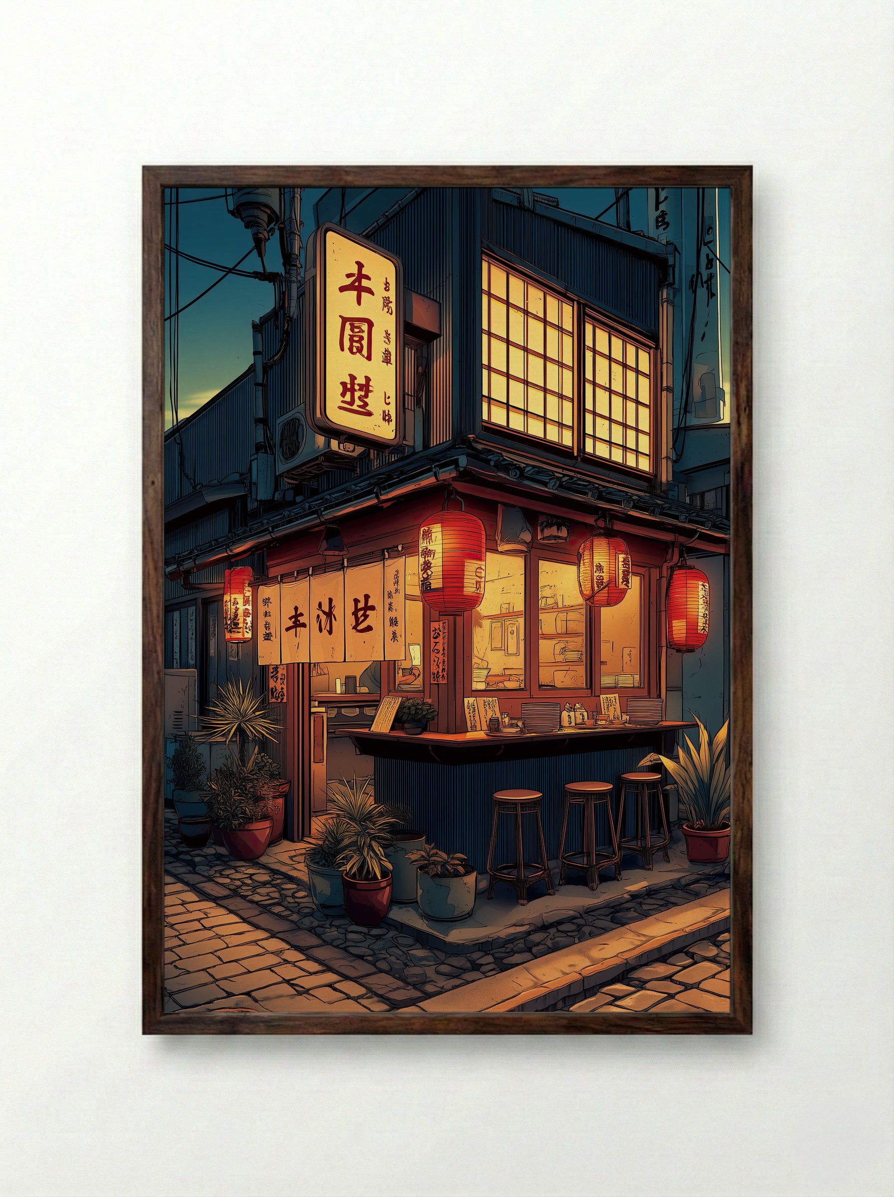 Evening at the Tofu Bar – A Tokyo Corner Shop Glow - Framed Print Dark Wood