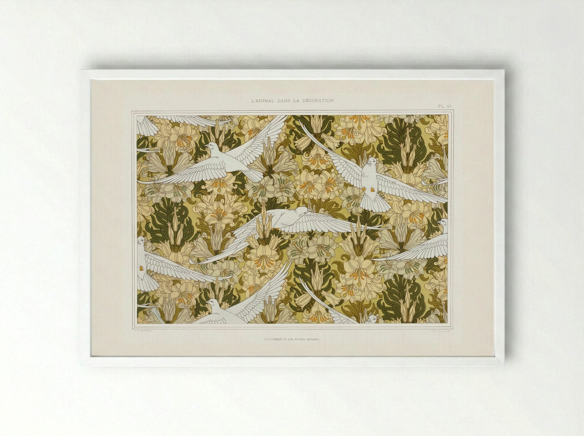 Colombes et Lis, Étoffe Imprimée (Doves and Lilies, Printed Fabric) - Maurice Pillard Verneuil - Framed Print White