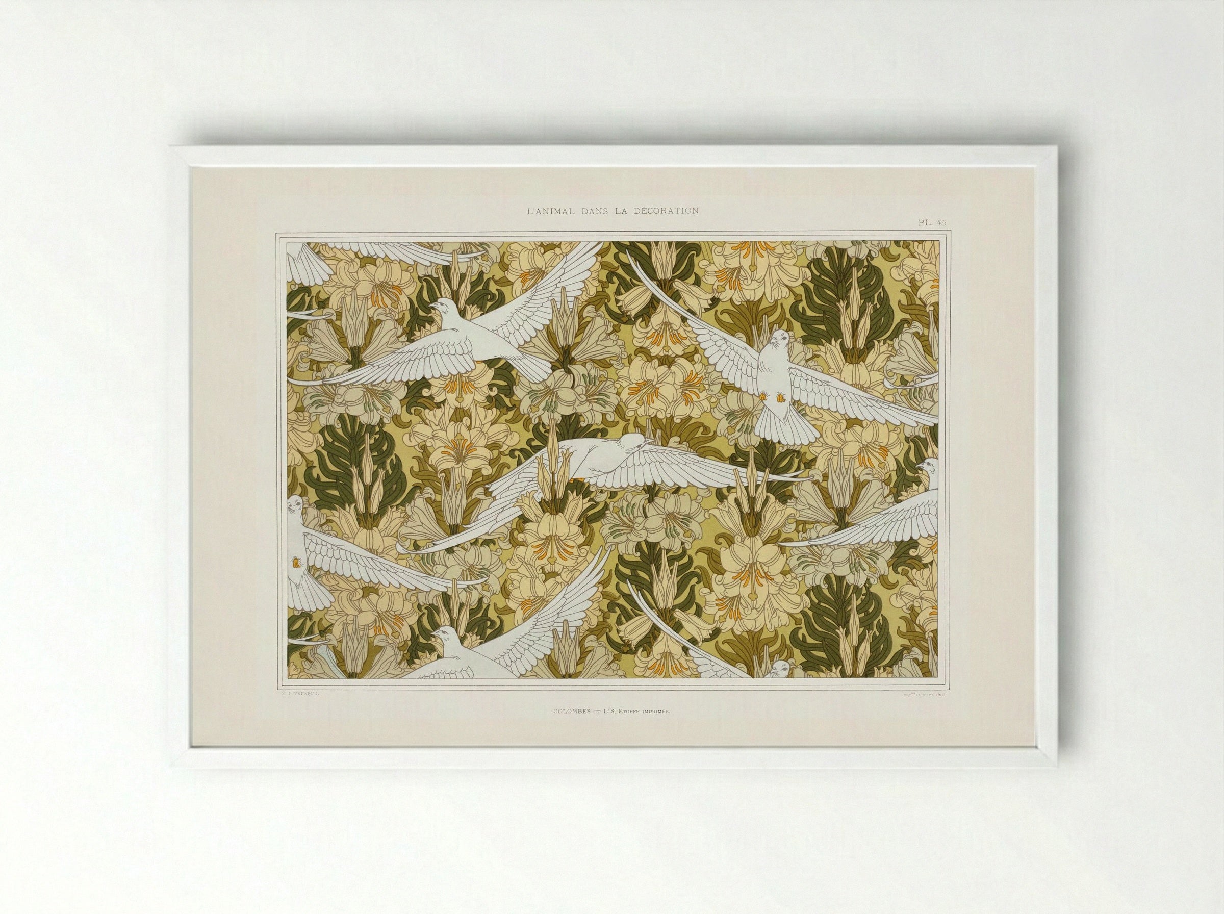 Colombes et Lis, Étoffe Imprimée (Doves and Lilies, Printed Fabric) - Maurice Pillard Verneuil - Framed Print White