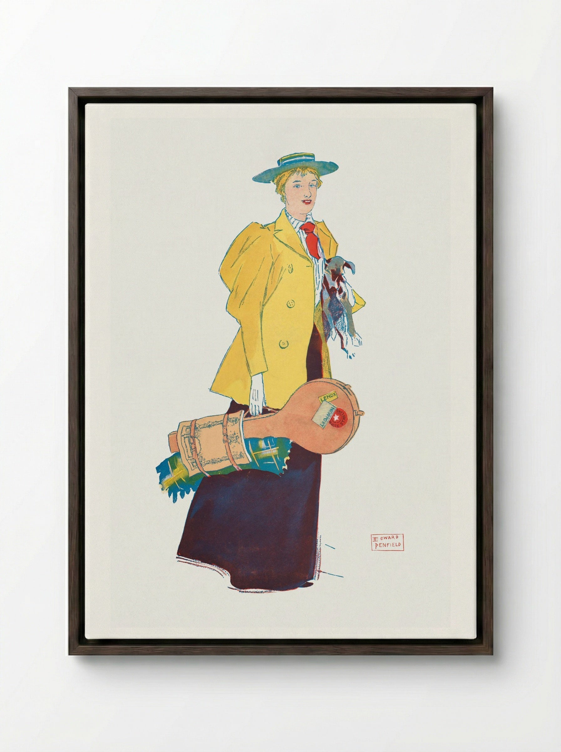 Woman Holding Dog and Luggage - Edward Penfield - Framed Canvas Dark Wood