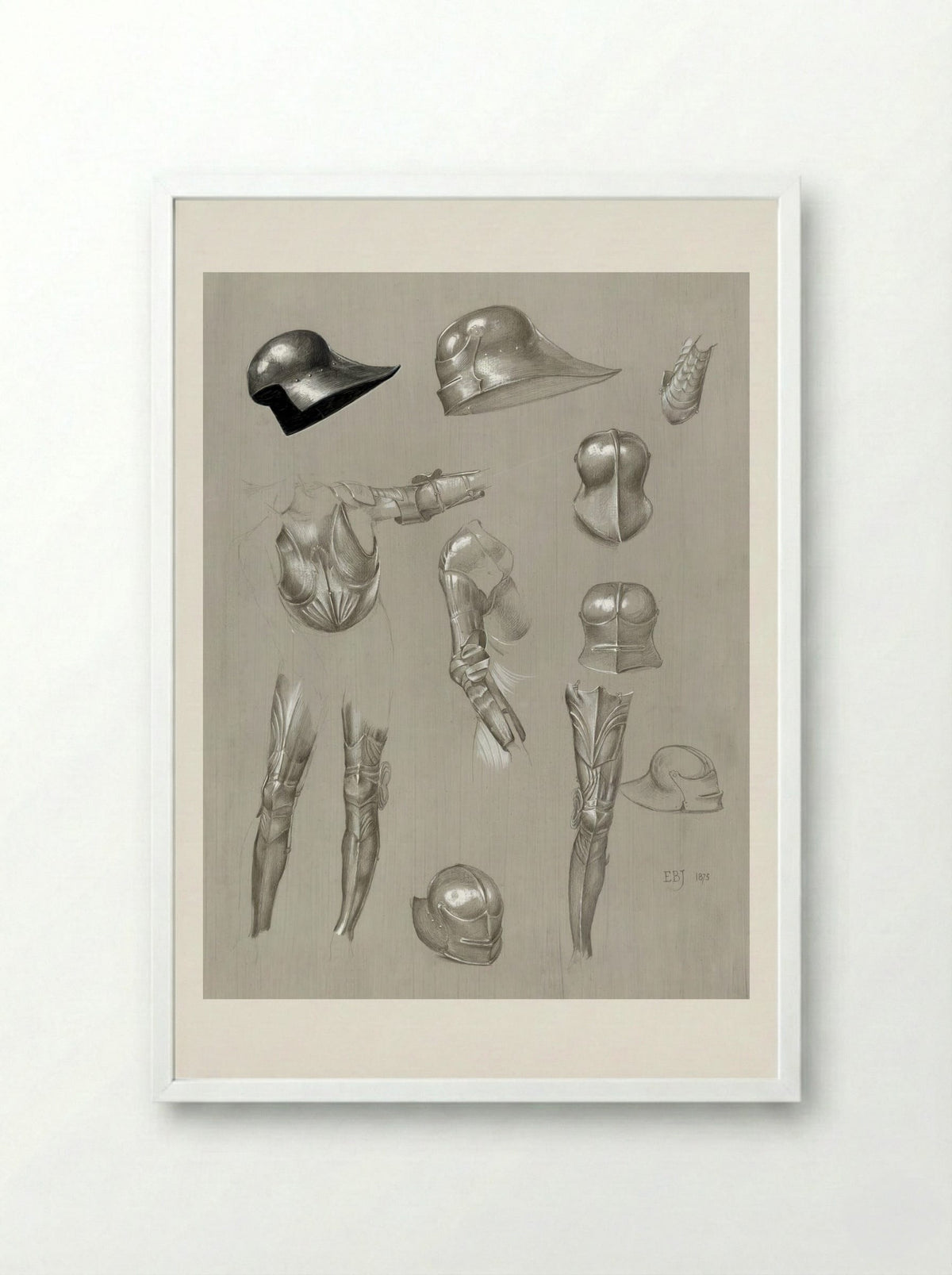 Studies of a Suit of Armour - Edward Burne-Jones - Framed Print White