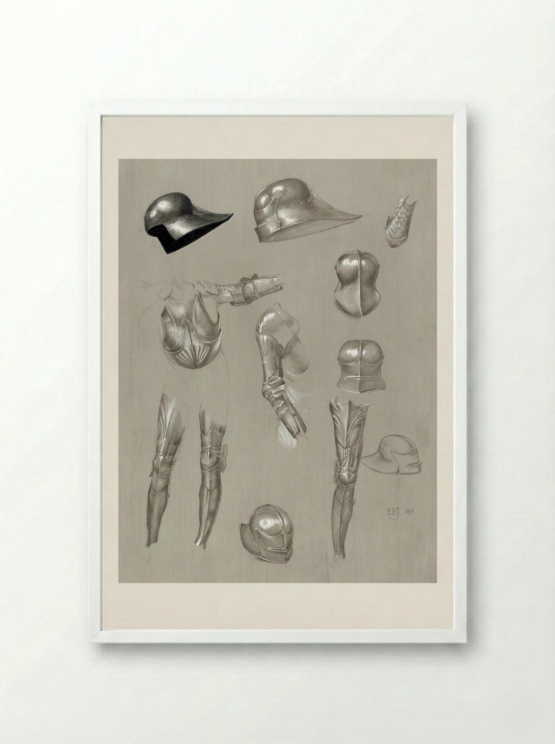 Studies of a Suit of Armour - Edward Burne-Jones - Framed Print White