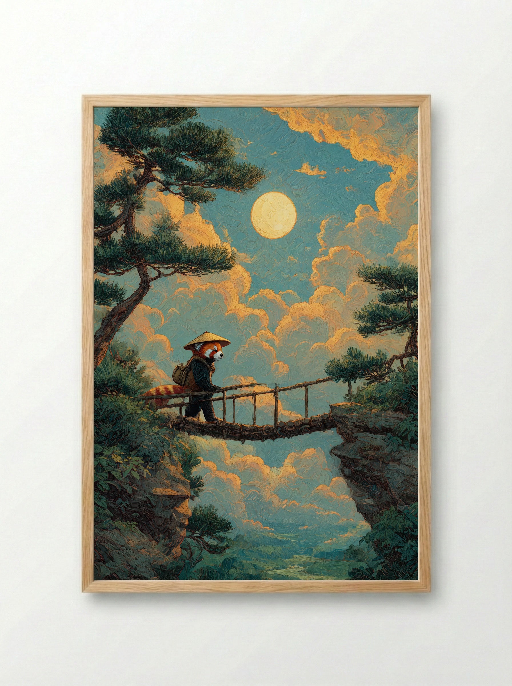 Wanderer’s Crossing – Red Panda Journey at Moonrise Wall Art - Framed Print Wood