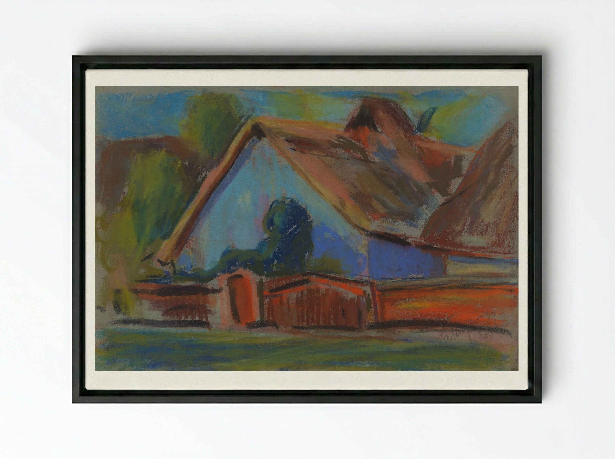 Blue Village Cottage - Zolo Palugyay - Framed Canvas Black