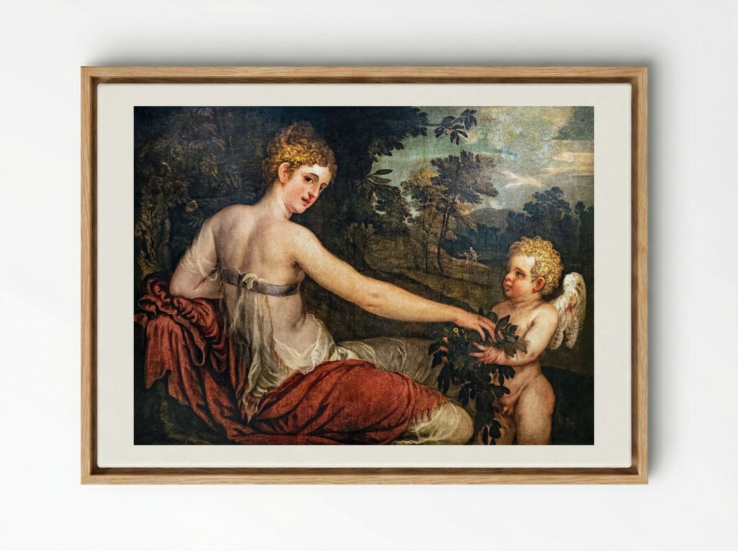 Flora with Cupid in a Landscape - Lambert Sustris - Framed Canvas Wood