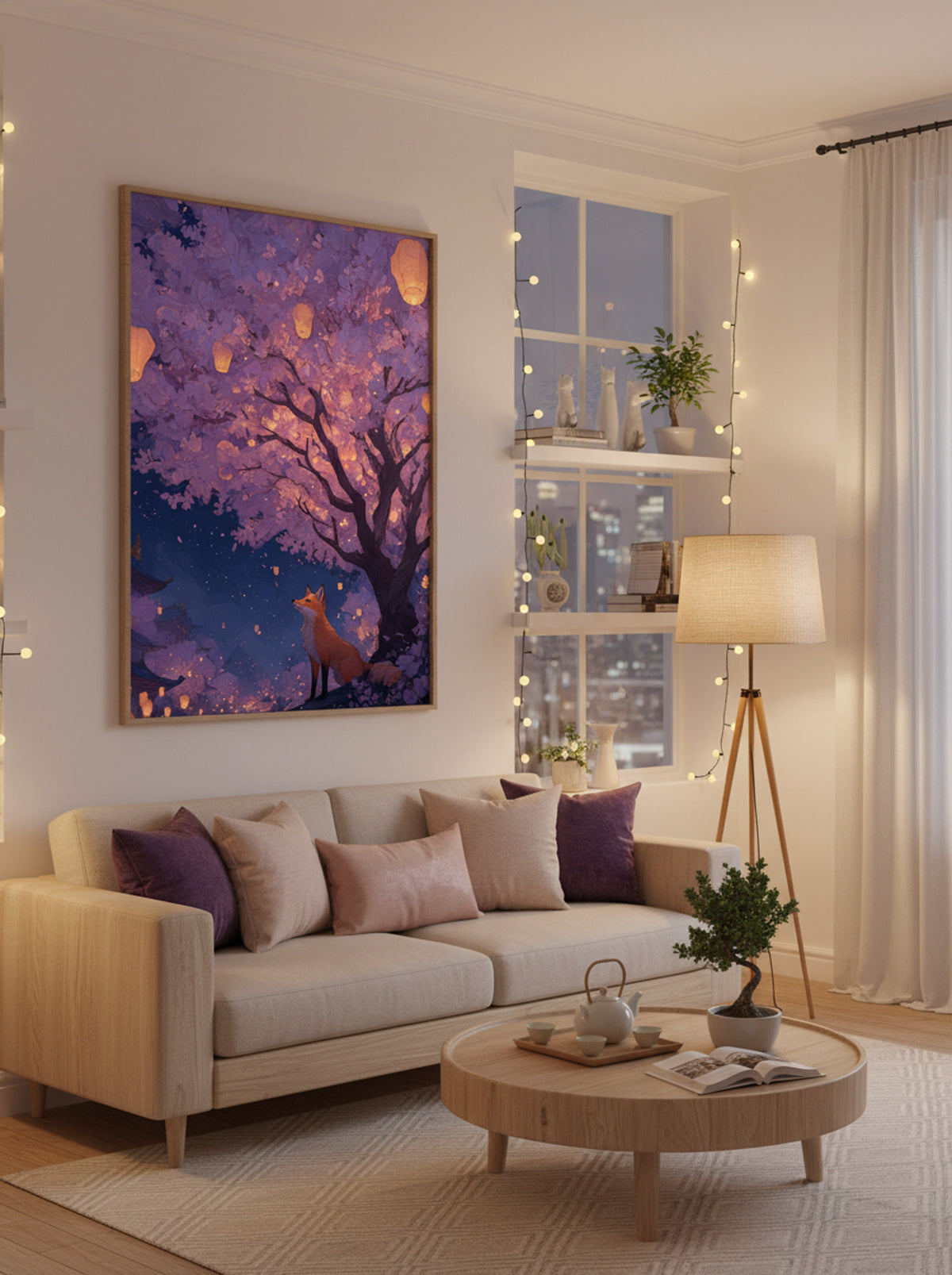 Fox Under Lantern Blossom – Dreamy Sakura Tree Art Print - Lifestyle