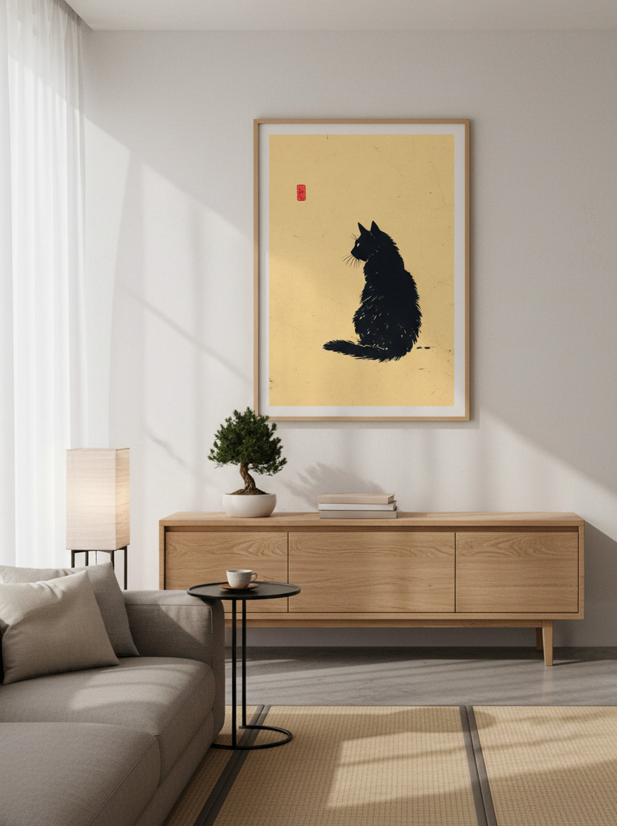 Sumi-e Black Cat – Minimalist Japanese Ink Art Print - Lifestyle