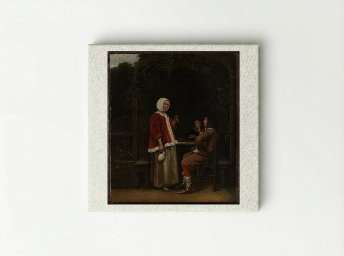 A Woman and Two Men in an Arbor - Pieter de Hooch - Canvas