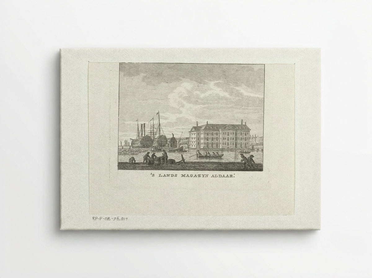 Stadsgezicht met zeemagazijn en haven met schepen te Amsterdam - Cornelis Brouwer - Canvas