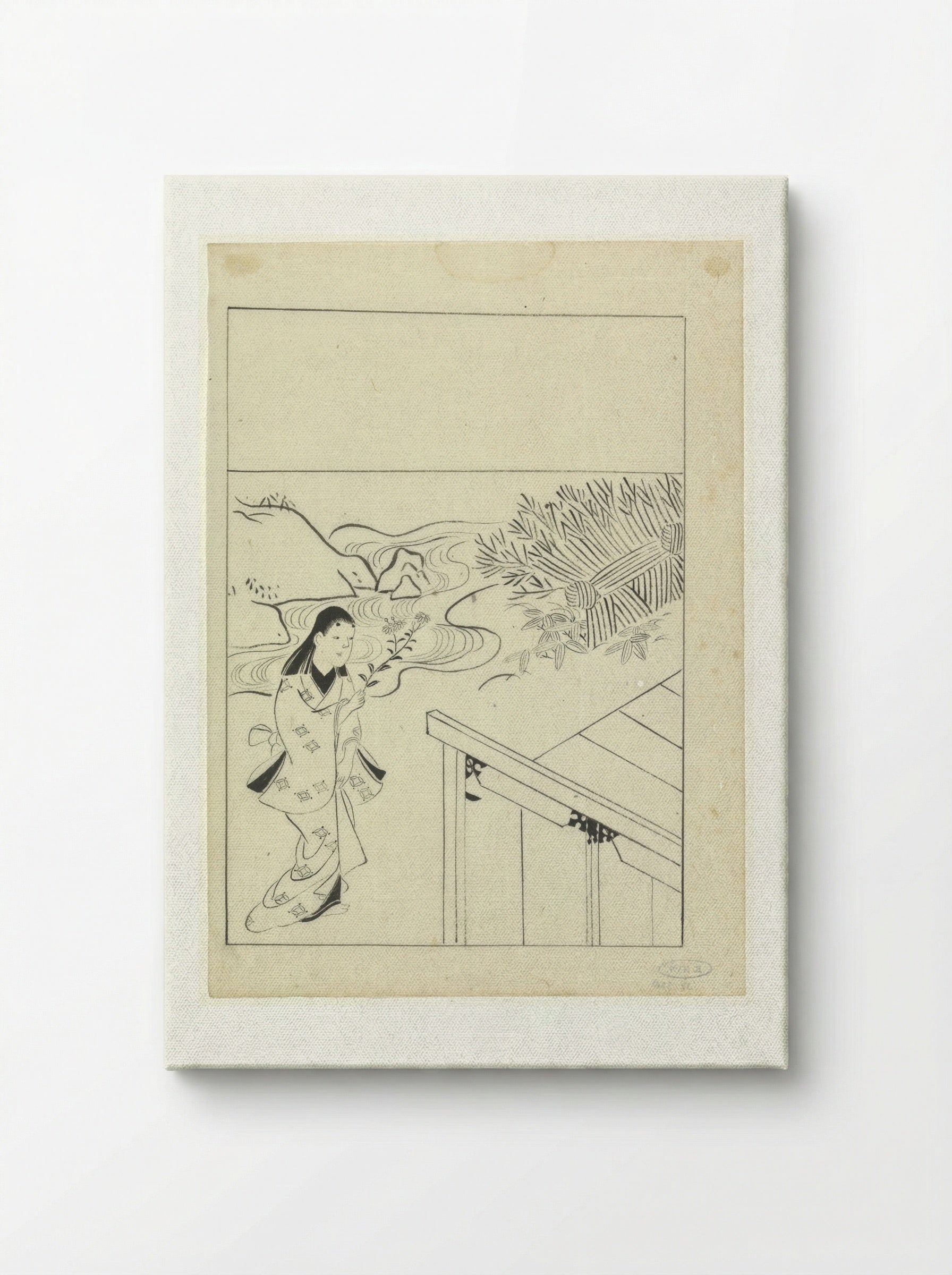 Woman with a Flowering Branch in a Garden - Hishikawa Moronobu - Canvas