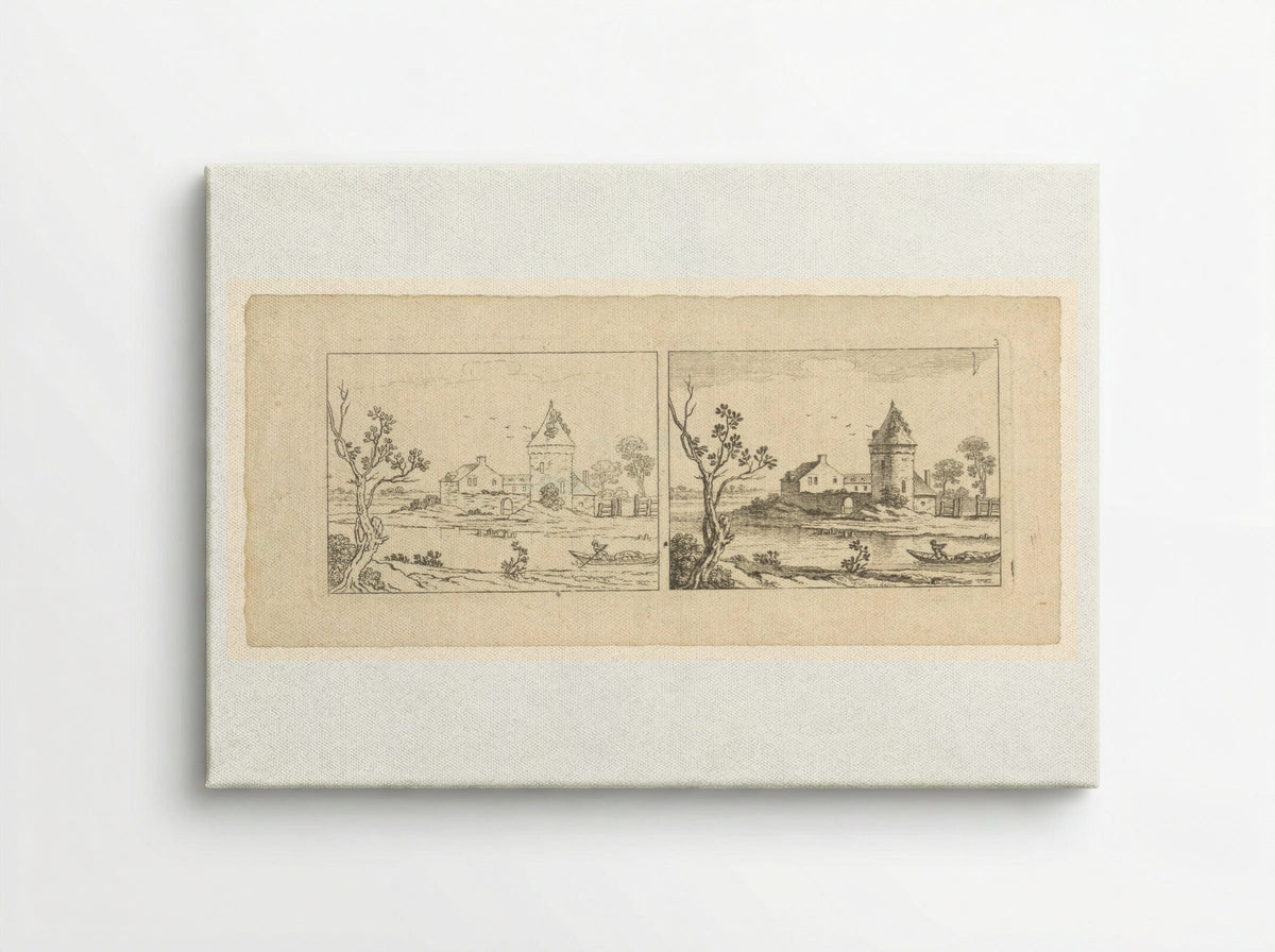 Two Views of a River Scene with a Tower - François Vivares - Canvas