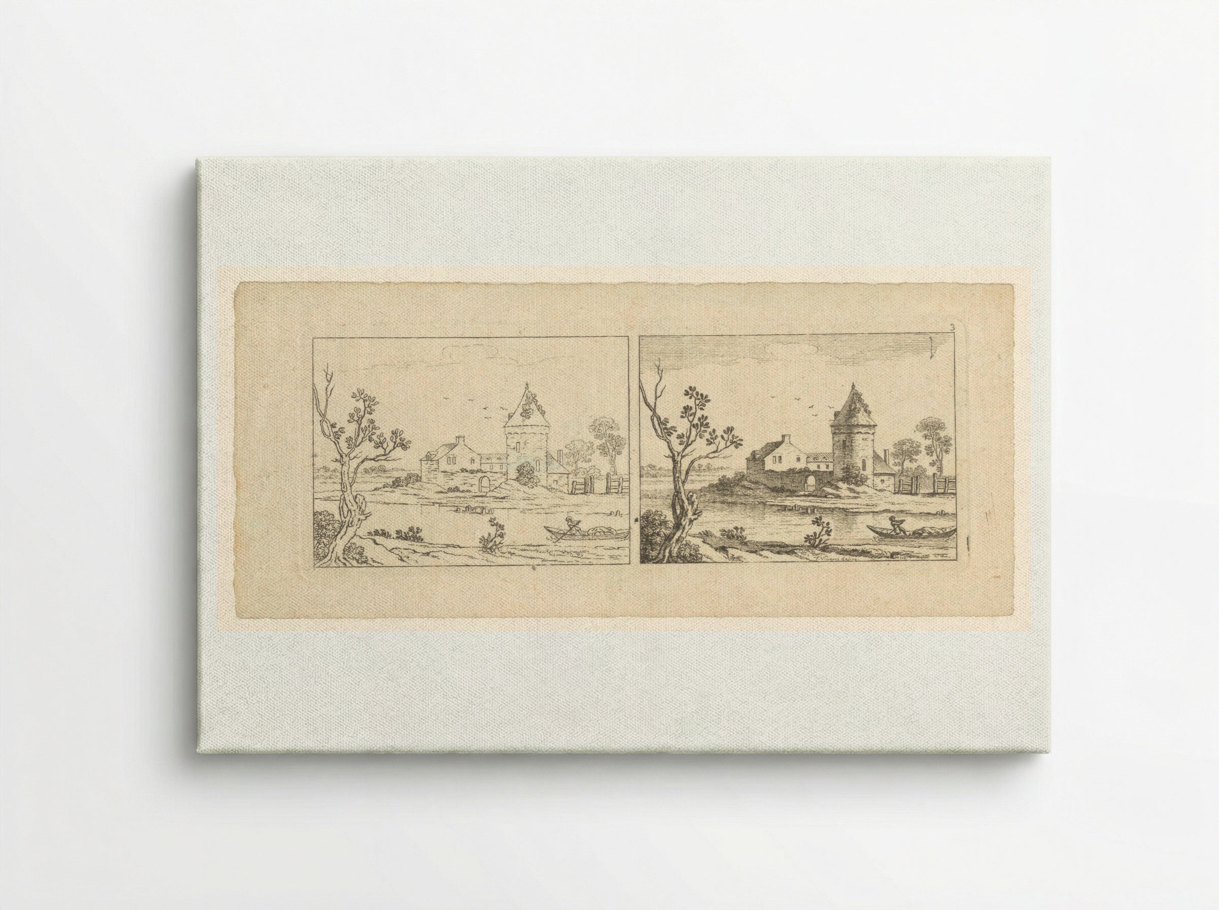 Two Views of a River Scene with a Tower - François Vivares - Canvas