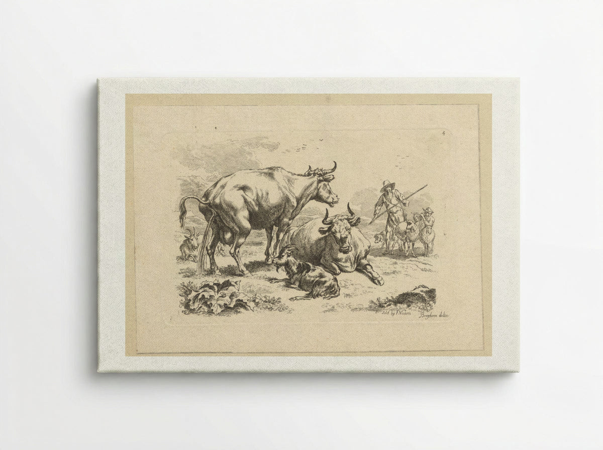 Plassende koe, een liggende koe, geiten en herders met schapen - François Vivares - Canvas