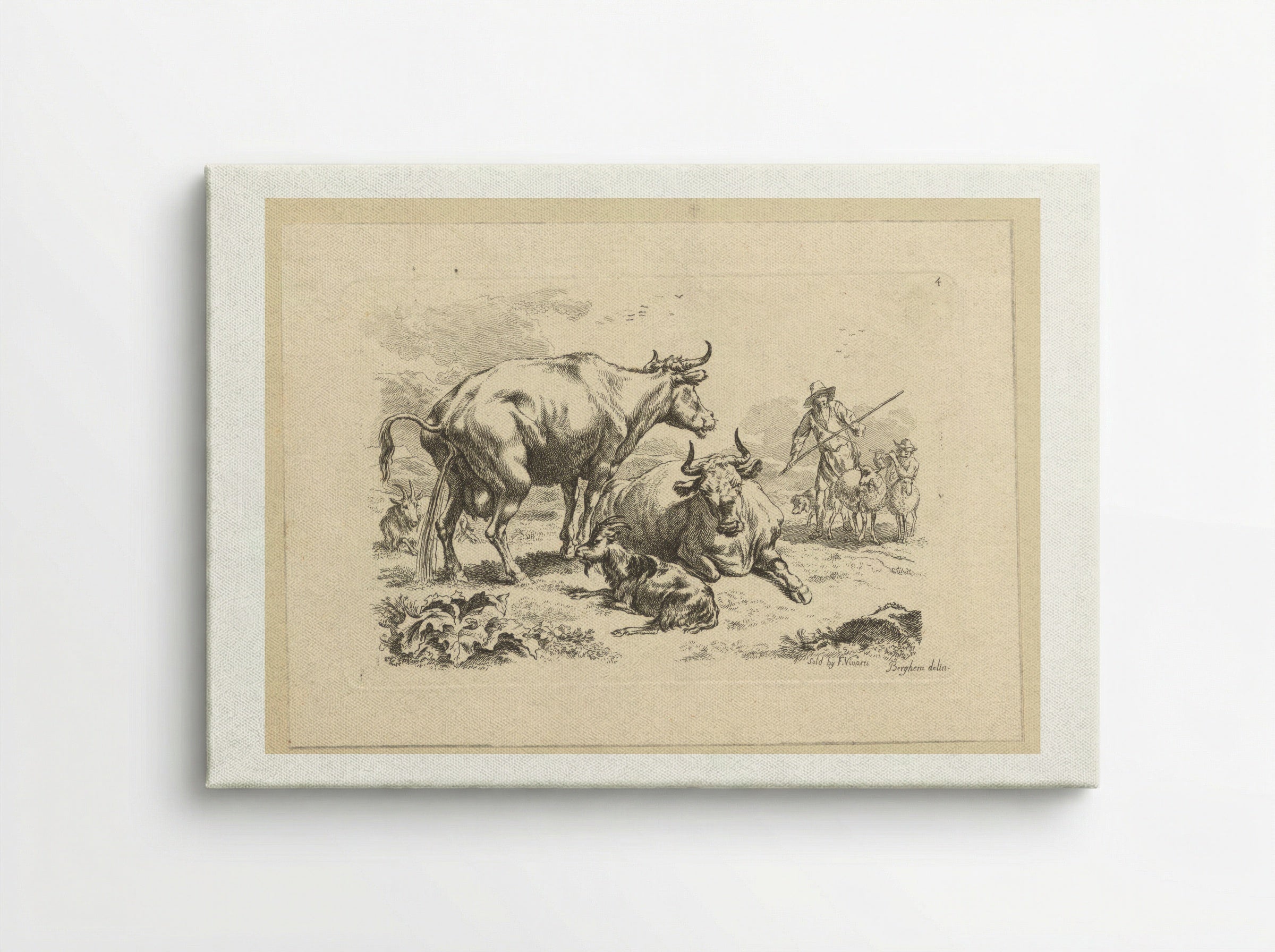 Plassende koe, een liggende koe, geiten en herders met schapen - François Vivares - Canvas