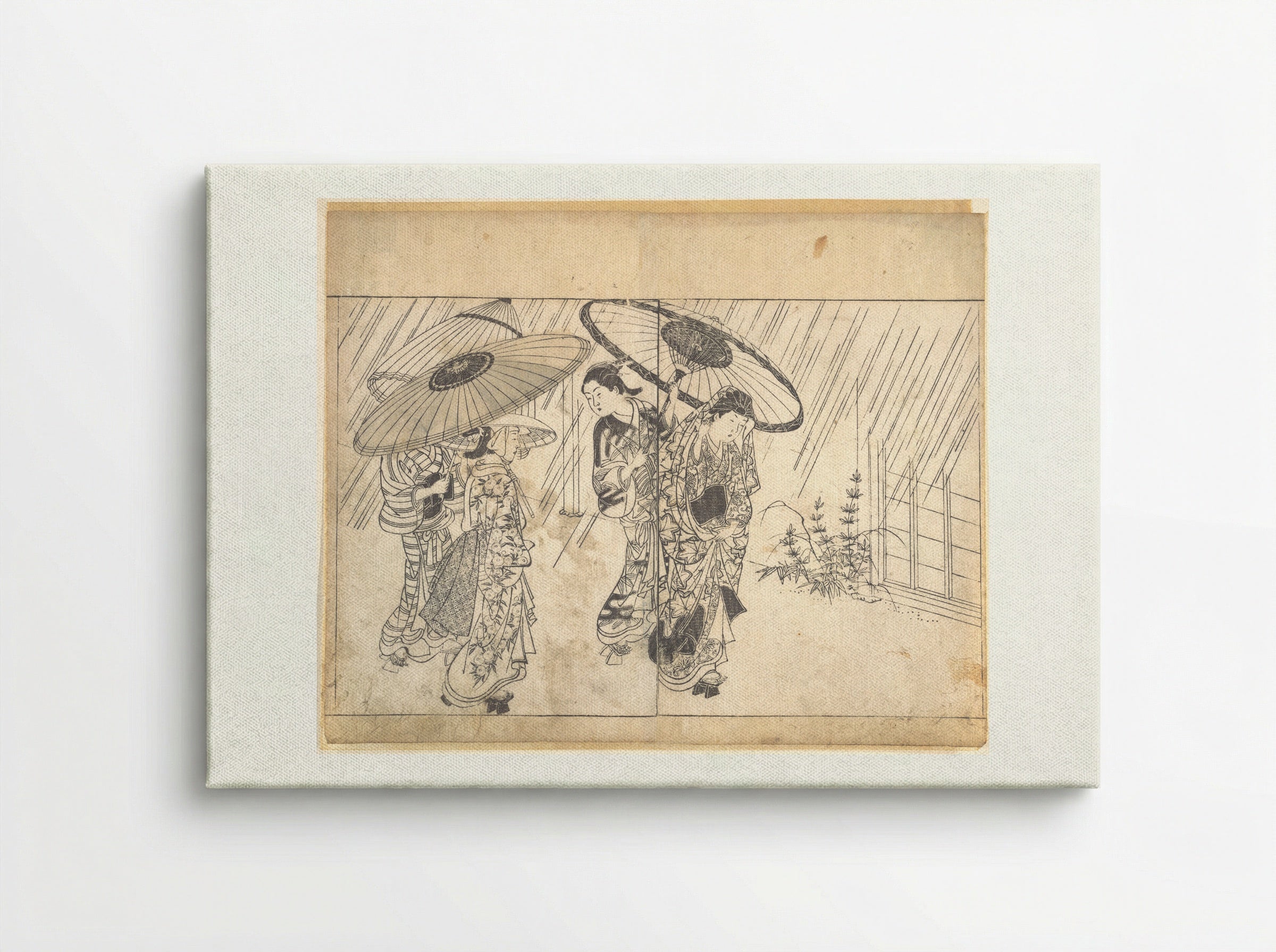 A Lady with Three Attendants in the Rain - Nishikawa Sukenobu - Canvas