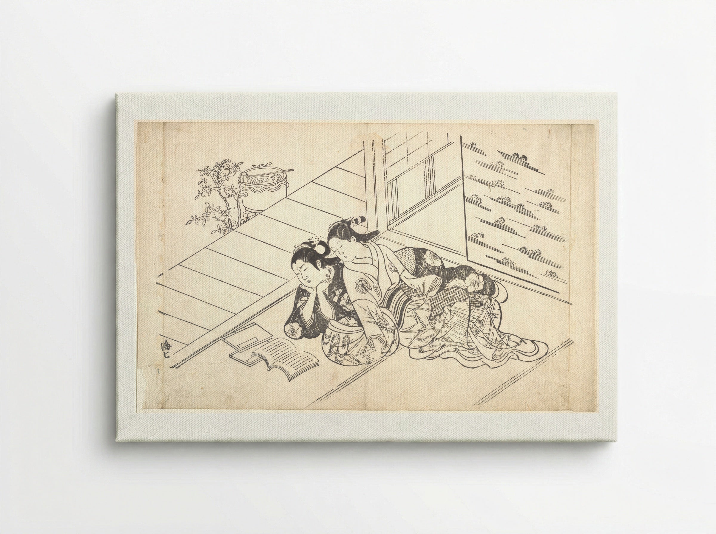 Two Women Reclining on the Floor of a Room and Reading a Book - Nishikawa Sukenobu - Canvas