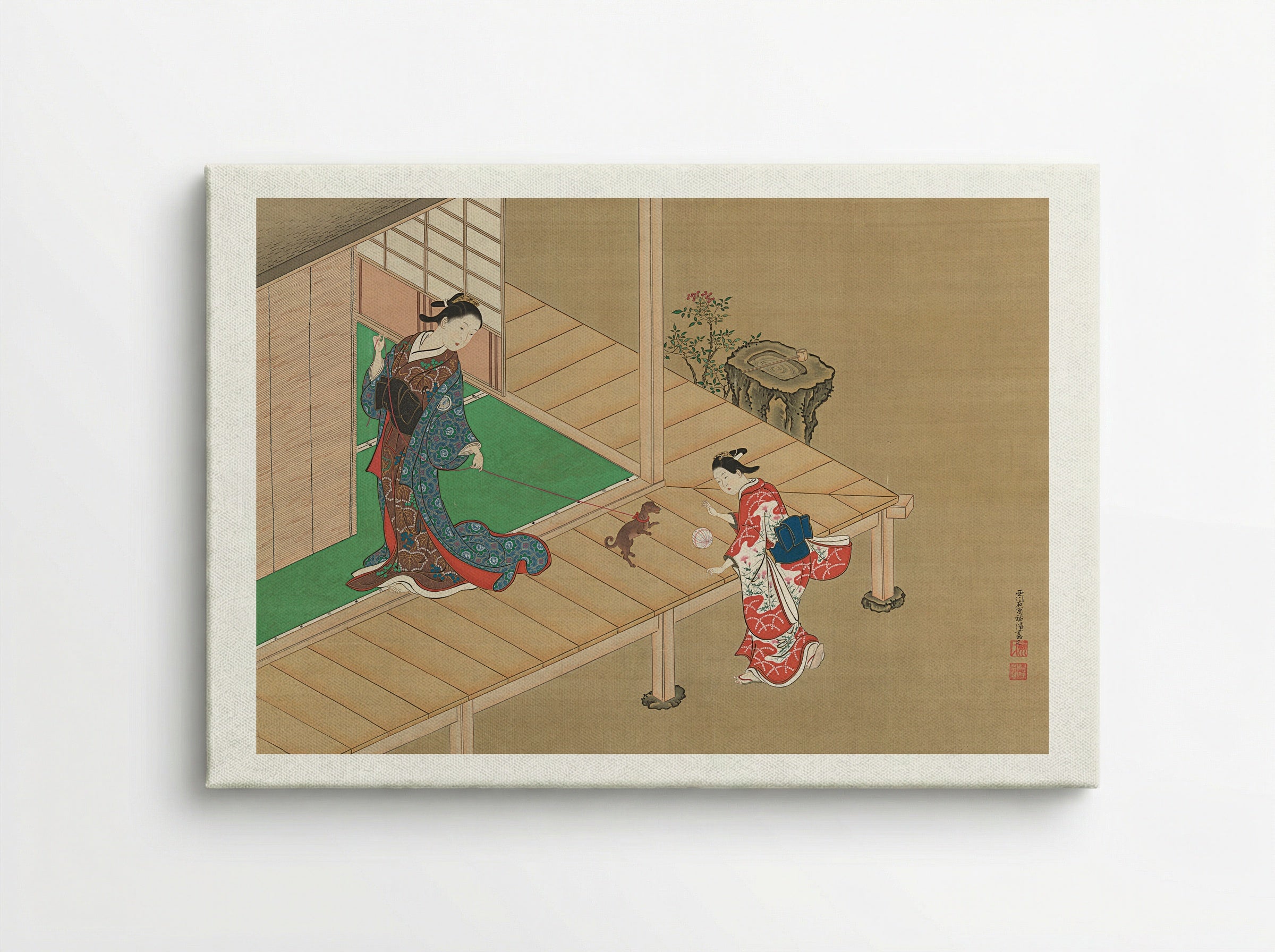 Lady Playing with a Dog on a Veranda - Nishikawa Sukenobu - Canvas