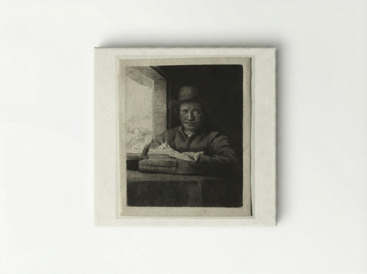 Self-Portrait Drawing at a Window - Rembrandt van Rijn - Canvas