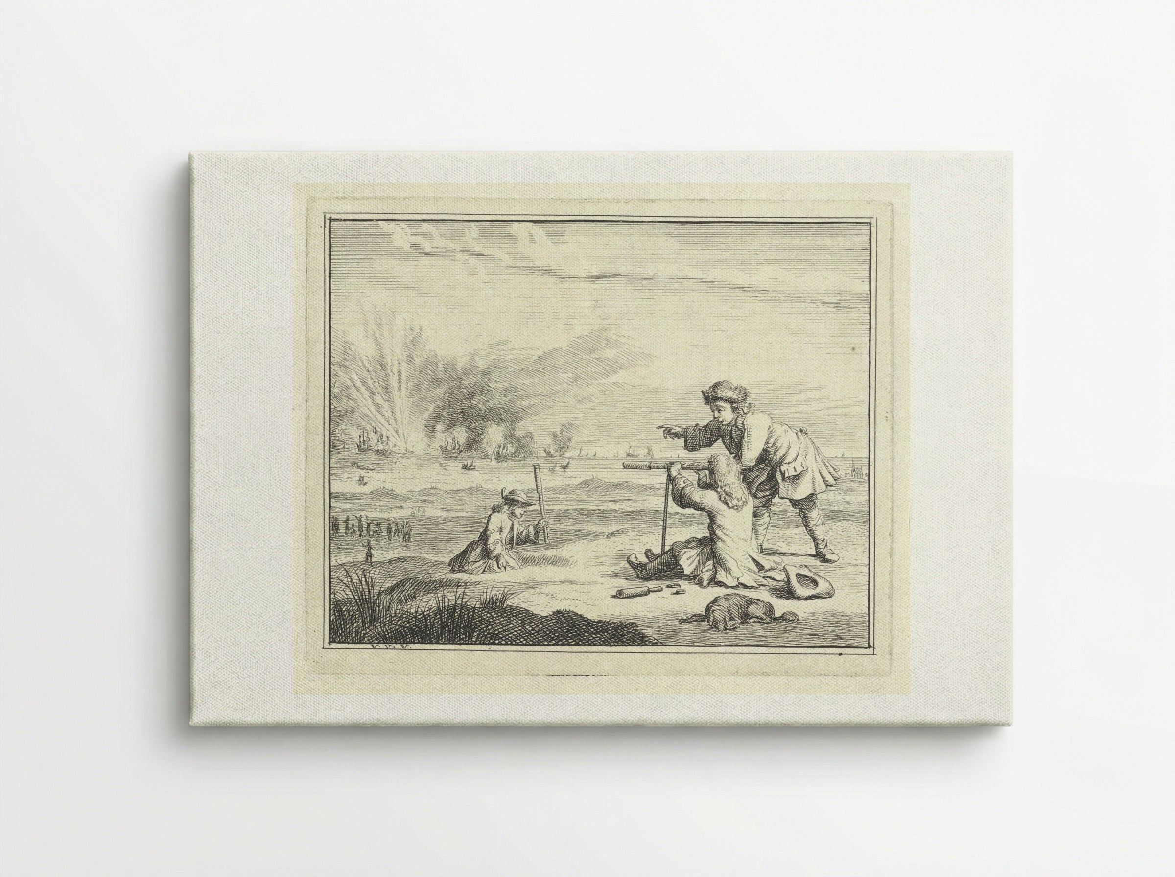 Figuren met een verrekijker slaan een zeeslag gade - Vincent Laurensz. van der Vinne (II) - Canvas