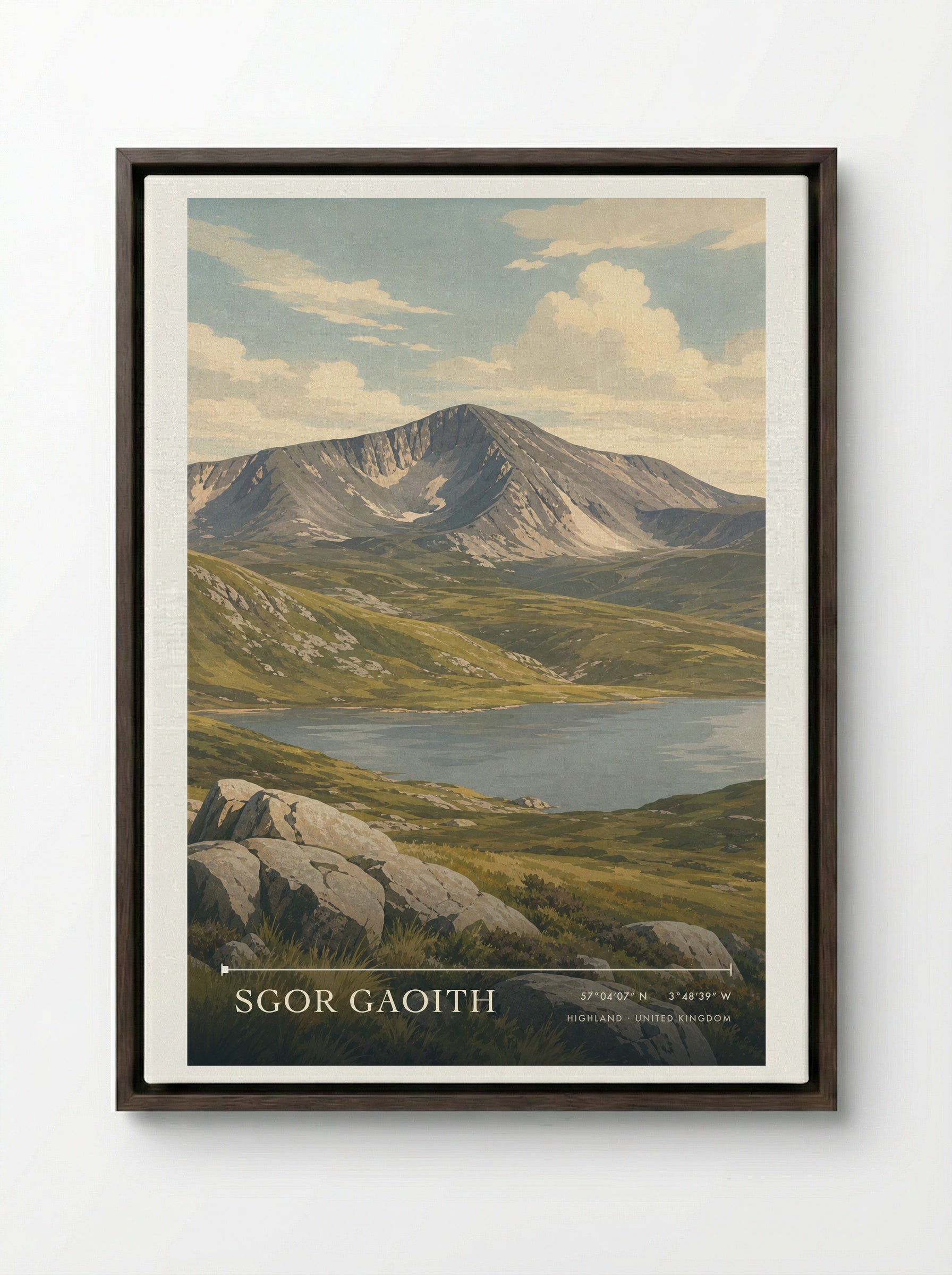Sgor Gaoith Highland United Kingdom Travel Poster - Framed Canvas Dark Wood