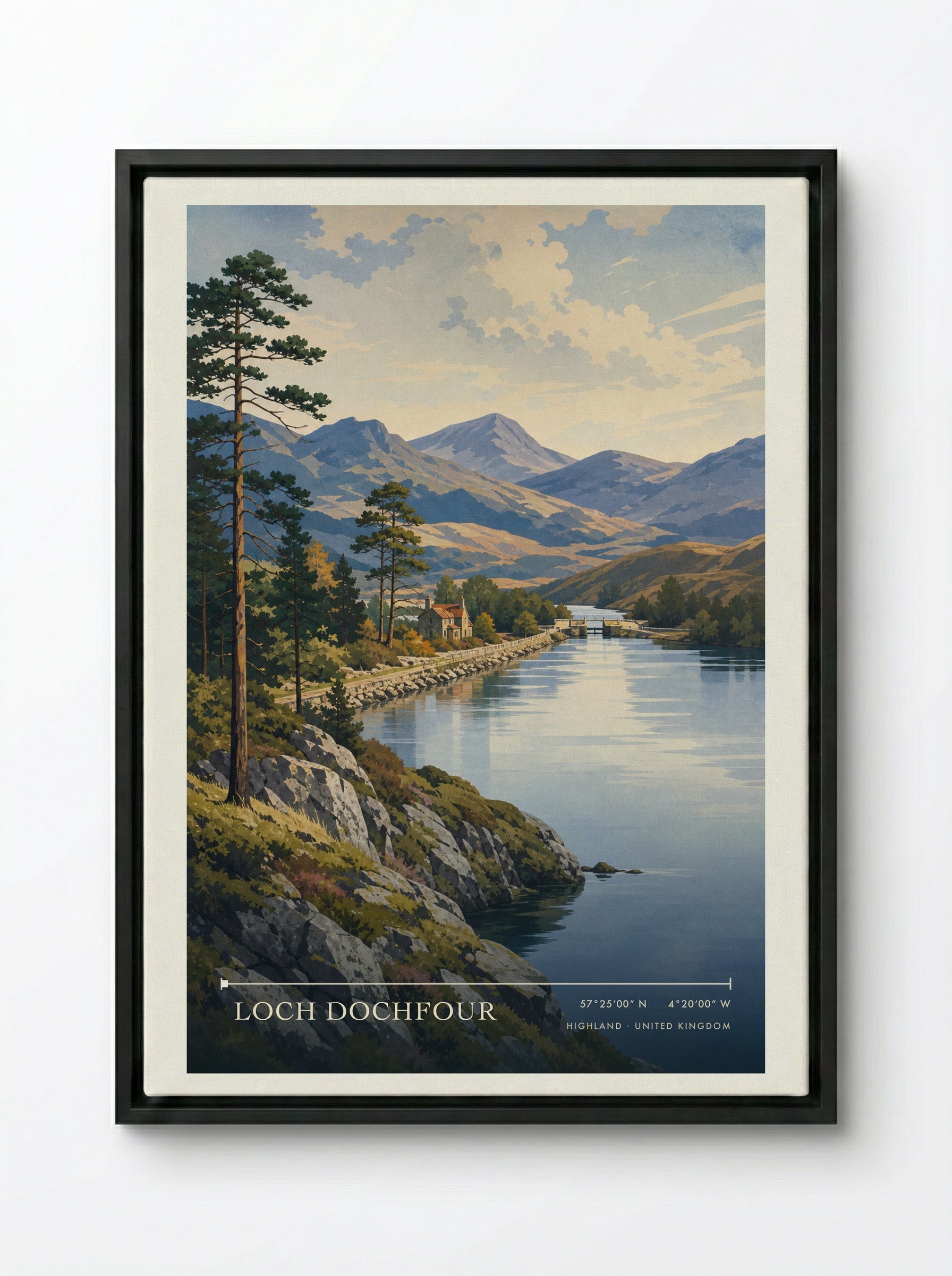 Loch Dochfour Highland United Kingdom Travel Poster - Framed Canvas Black