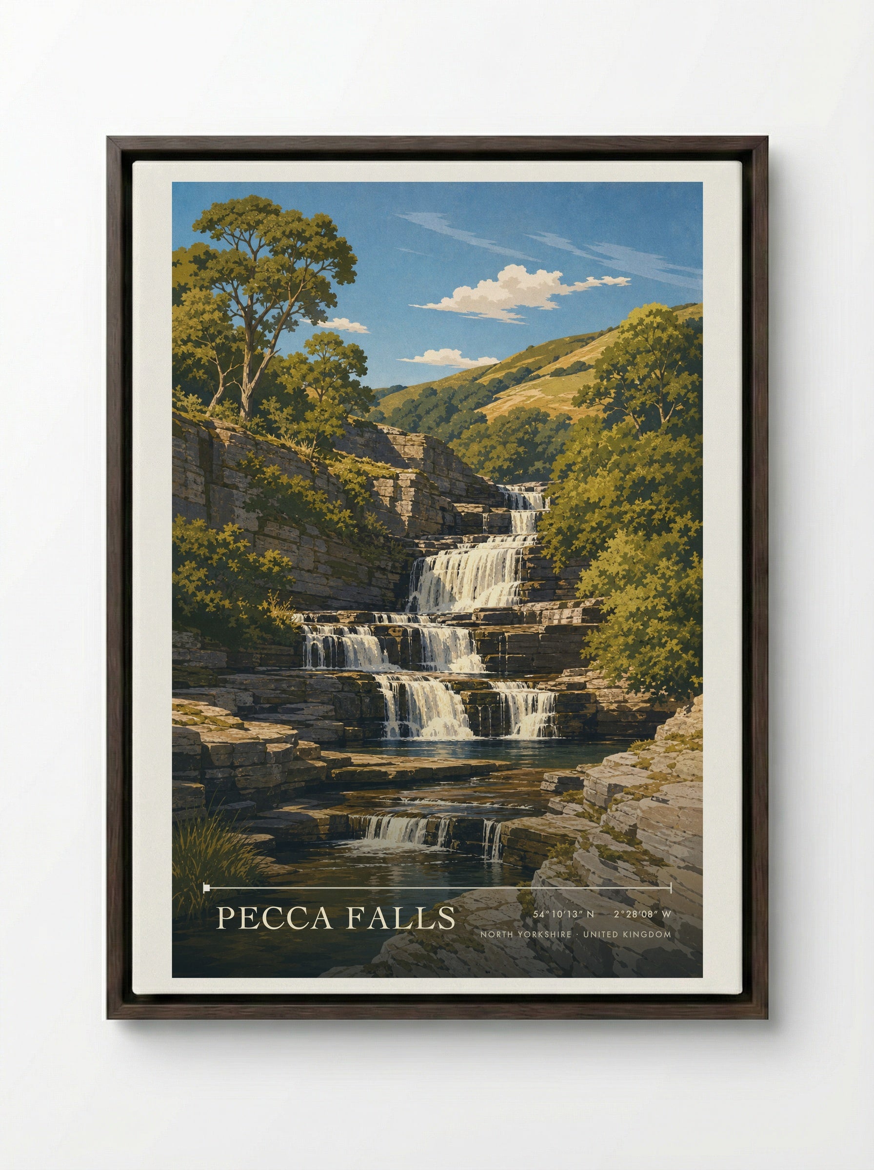 Pecca Falls North Yorkshire United Kingdom Travel Poster - Framed Canvas Dark Wood