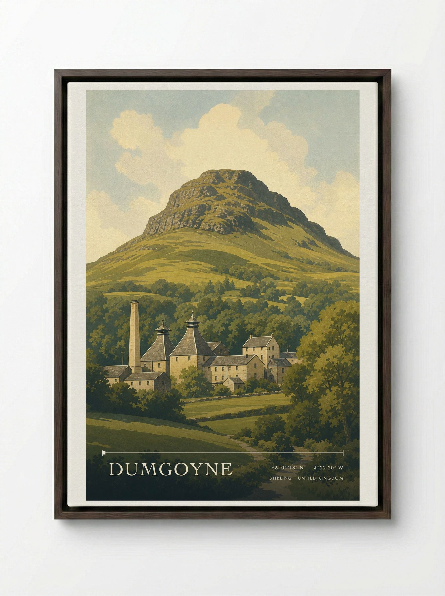 Dumgoyne Stirling United Kingdom Travel Poster - Framed Canvas Dark Wood