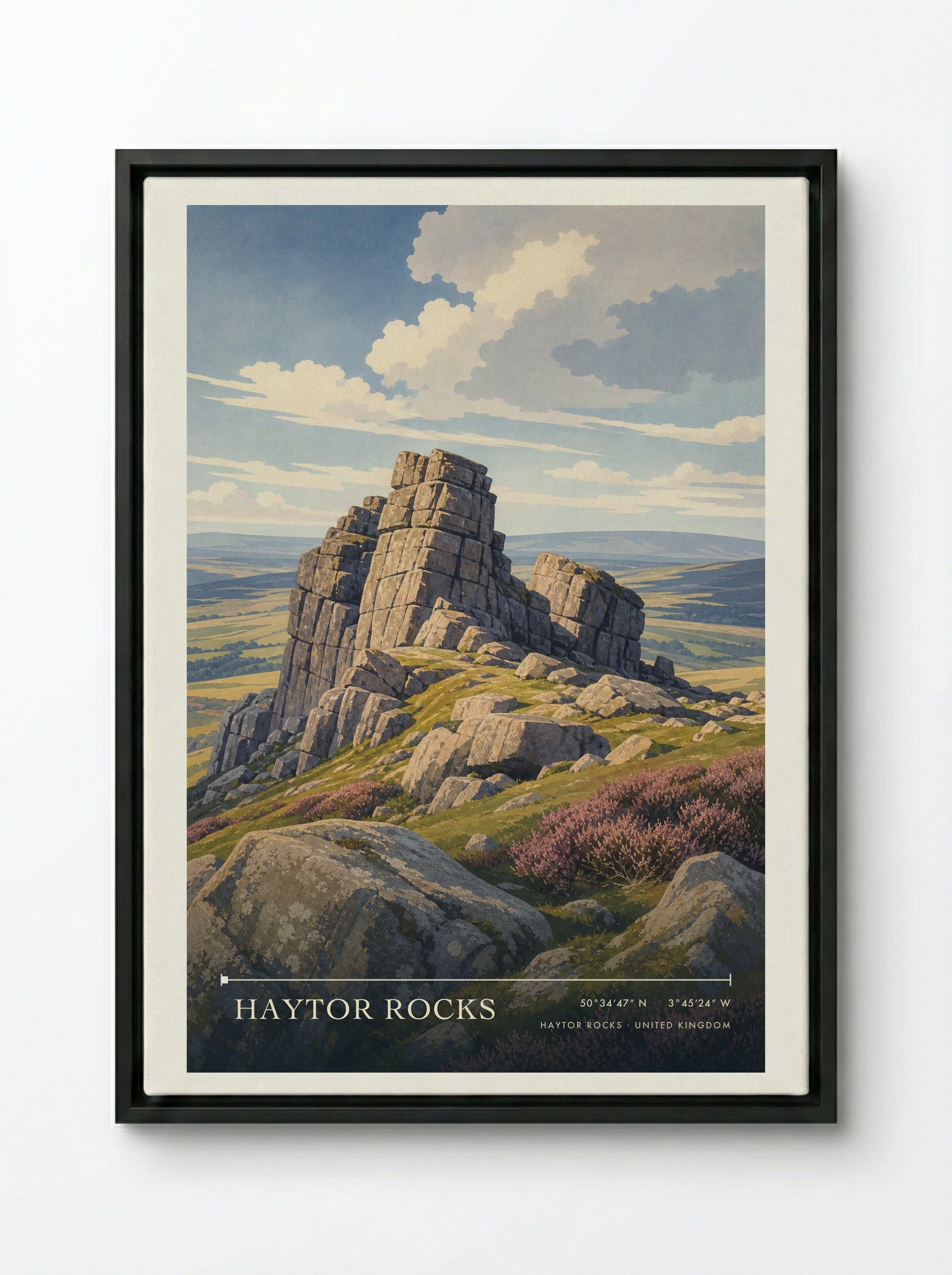 Haytor Rocks United Kingdom Travel Poster - Framed Canvas Black