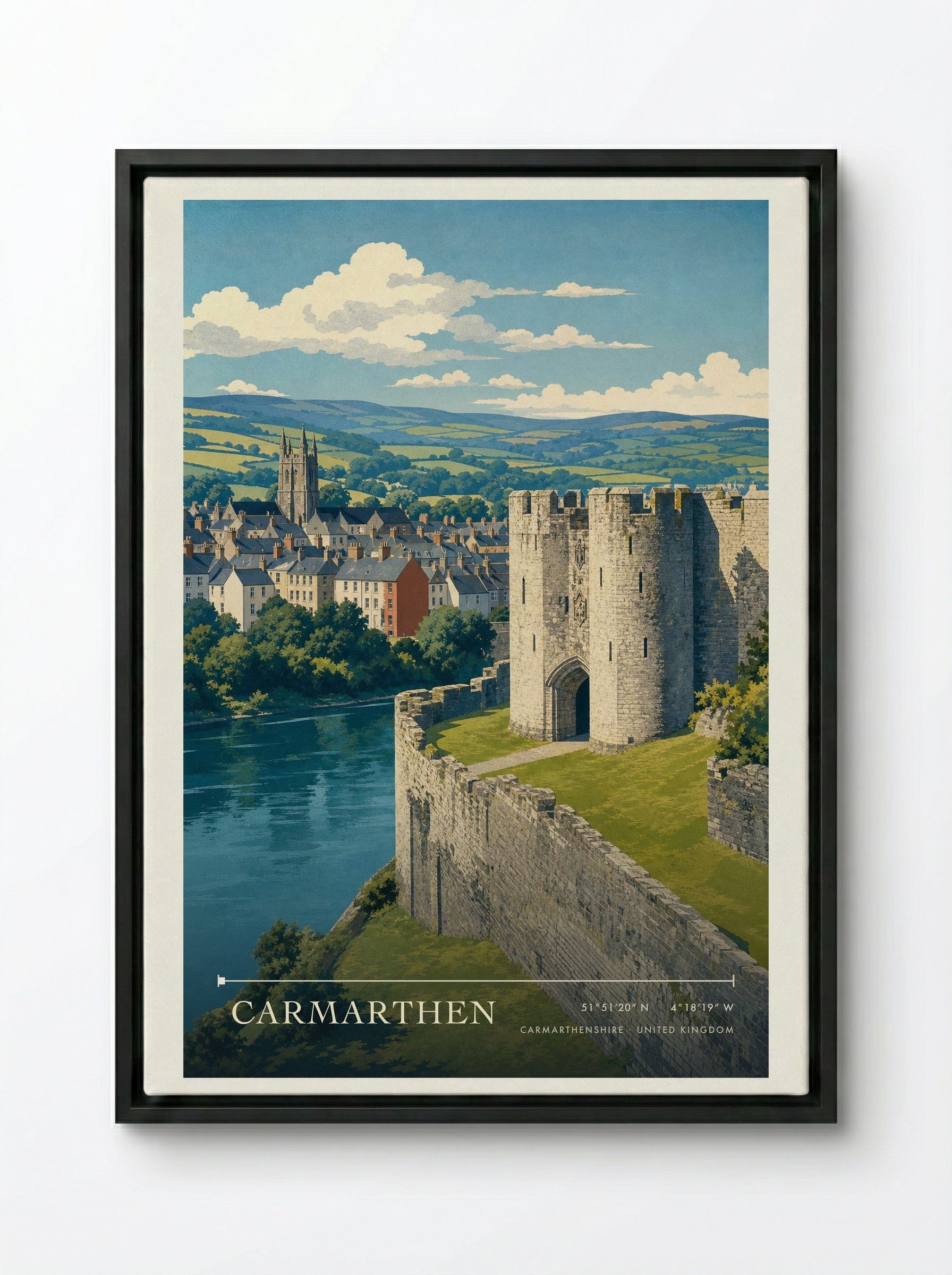 Carmarthen Carmarthenshire United Kingdom Travel Poster - Framed Canvas Black